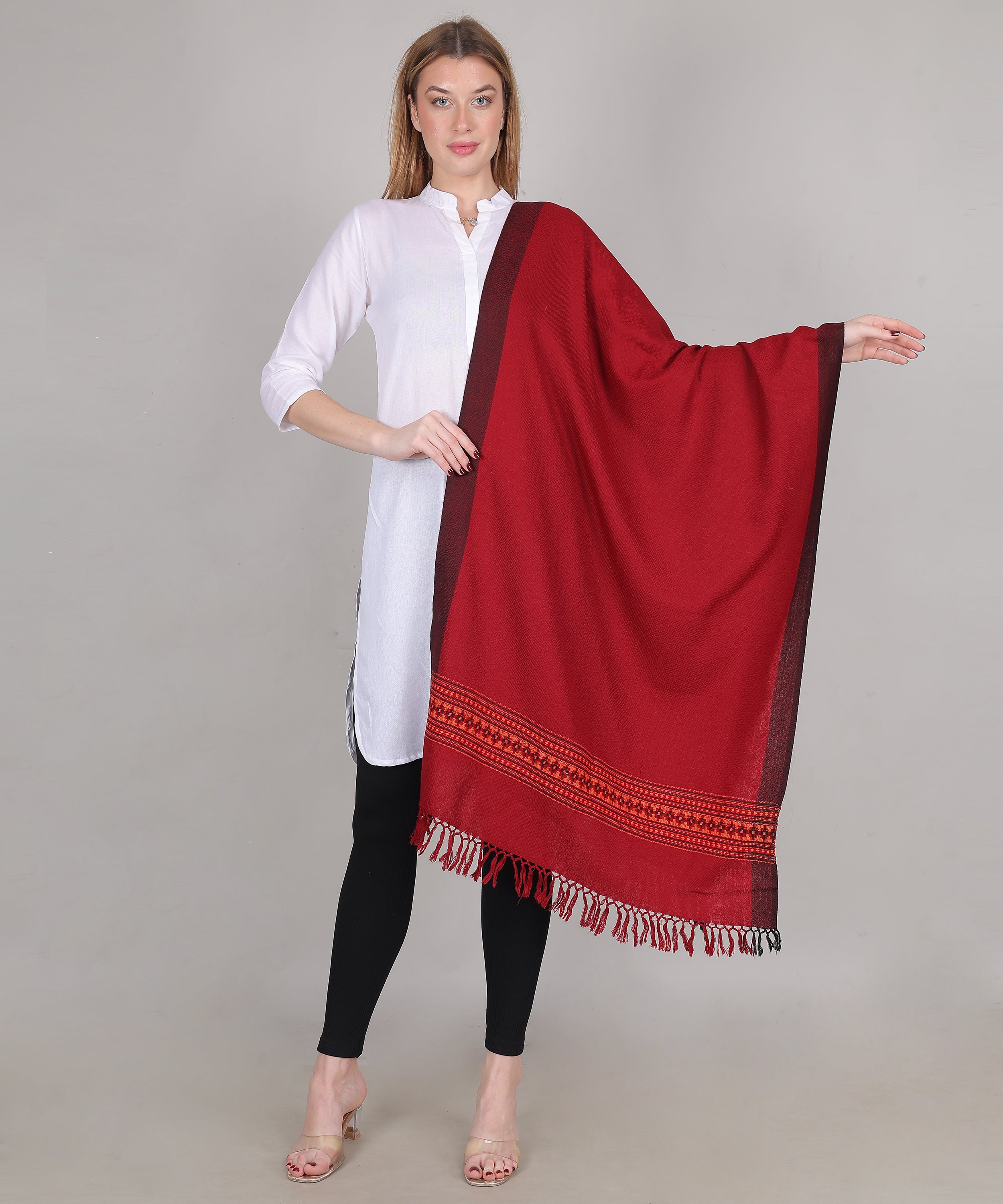 Handcrafted Kullu Pure Woollen Red Stole – A Traditional Touch of Himachali Craft