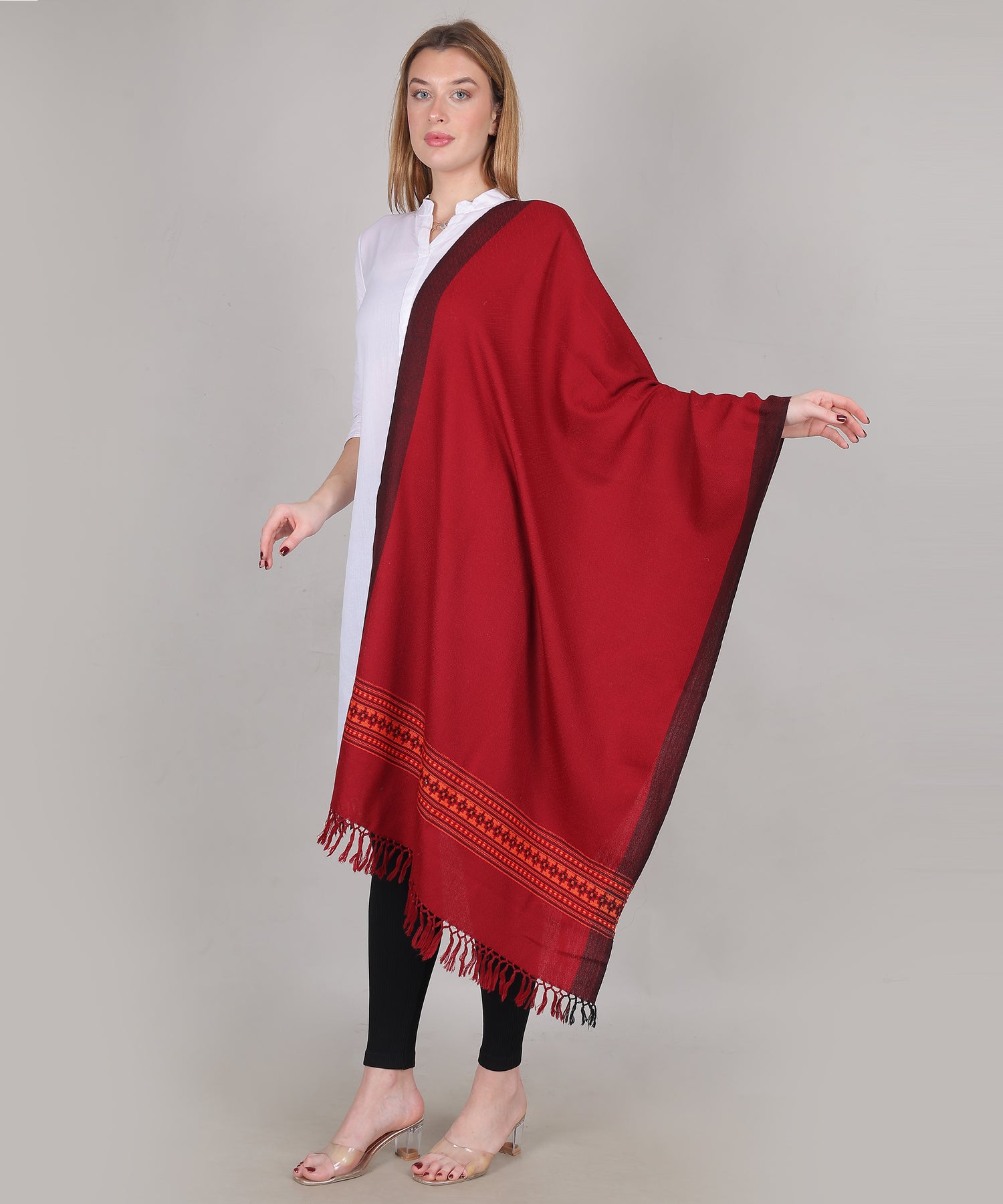 Handcrafted Kullu Pure Woollen Red Stole – A Traditional Touch of Himachali Craft