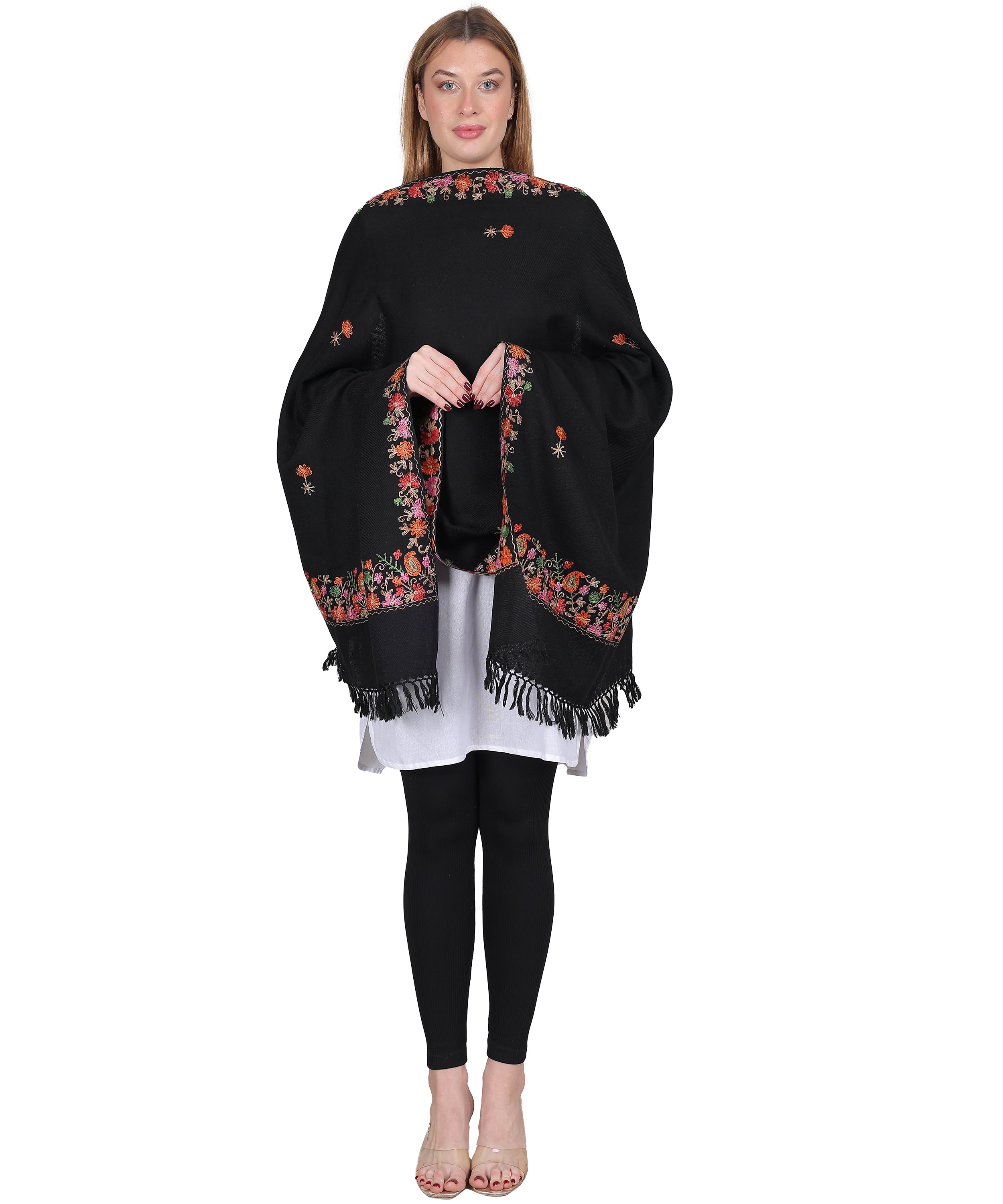 Traditional Kullu Weaving Black Stole – Embroidered Patti Pure Woollen Wrap with Artistic Handloom Craftsmanship