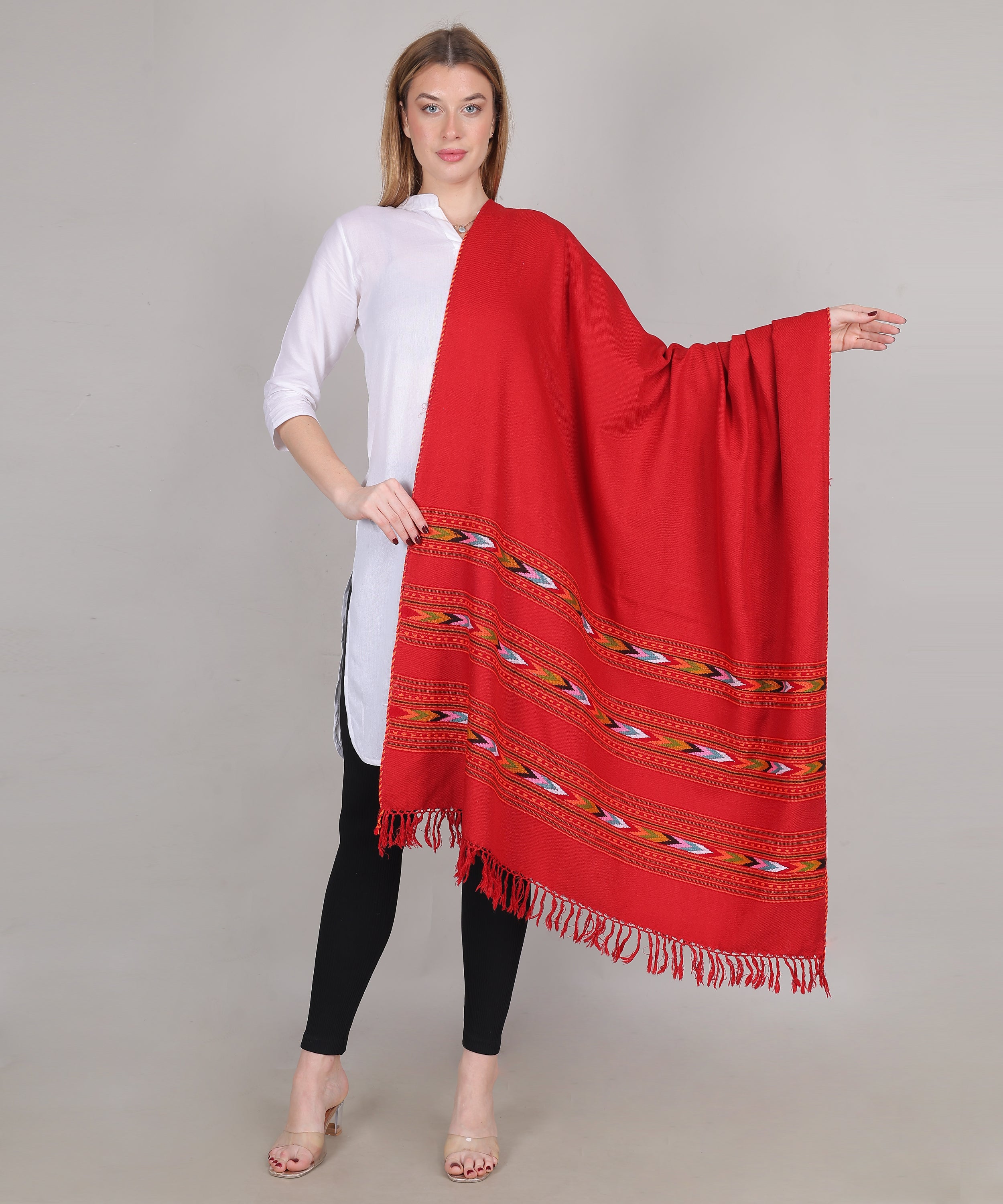 Pure Woollen Hand Woven Design with Beautiful Triple Border Kullu Angora Red Shawl