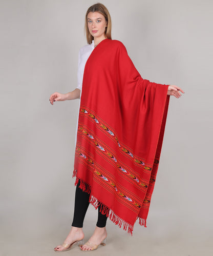 Pure Woollen Hand Woven Design with Beautiful Triple Border Kullu Angora Red Shawl