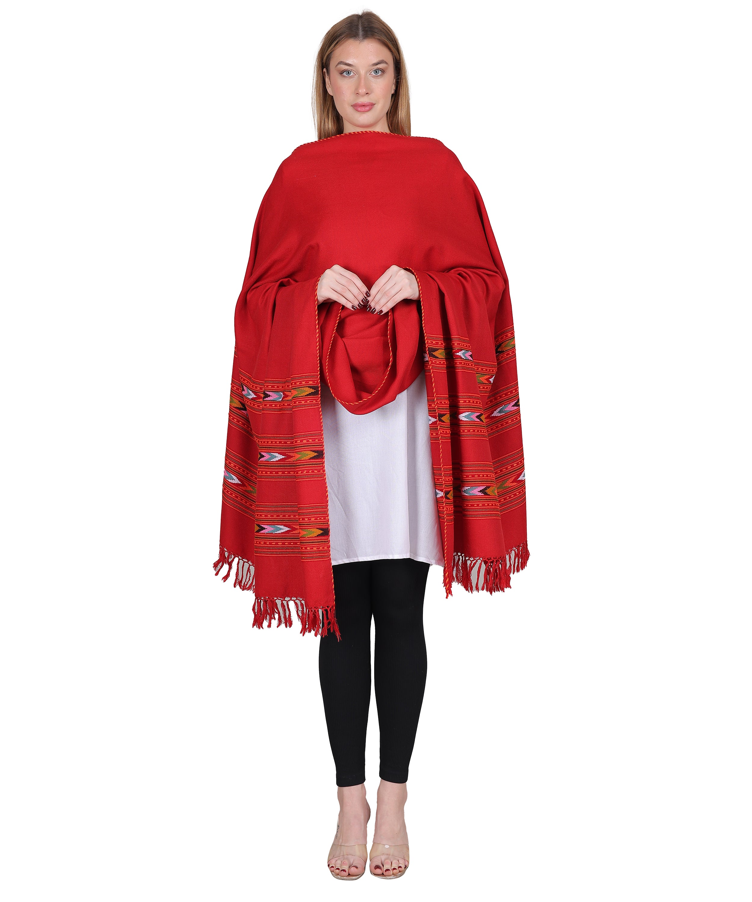 Pure Woollen Hand Woven Design with Beautiful Triple Border Kullu Angora Red Shawl