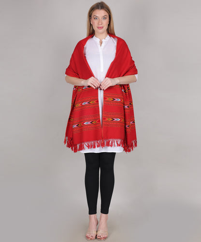 Pure Woollen Hand Woven Design with Beautiful Triple Border Kullu Angora Red Shawl