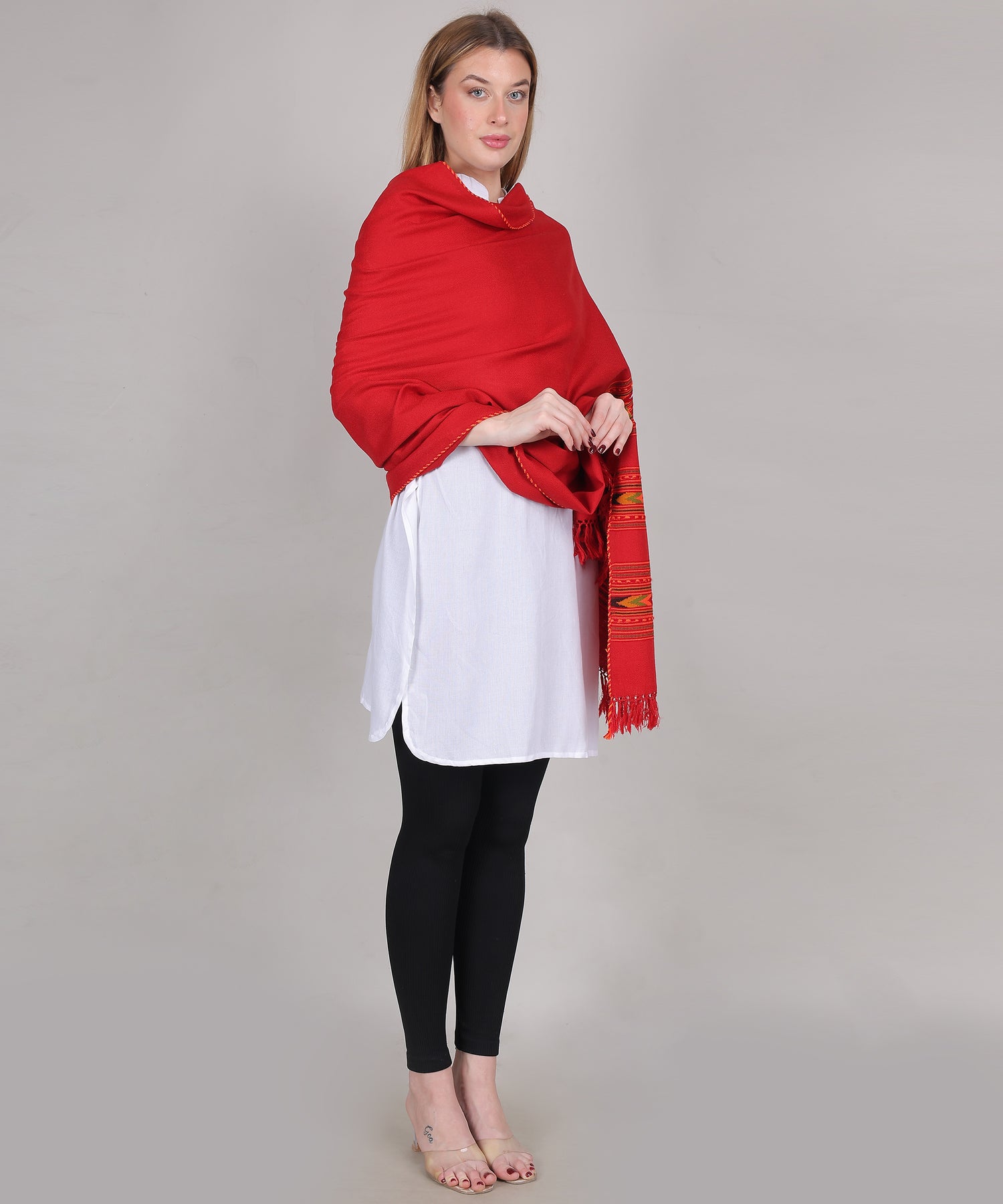 Pure Woollen Hand Woven Design with Beautiful Triple Border Kullu Angora Red Shawl