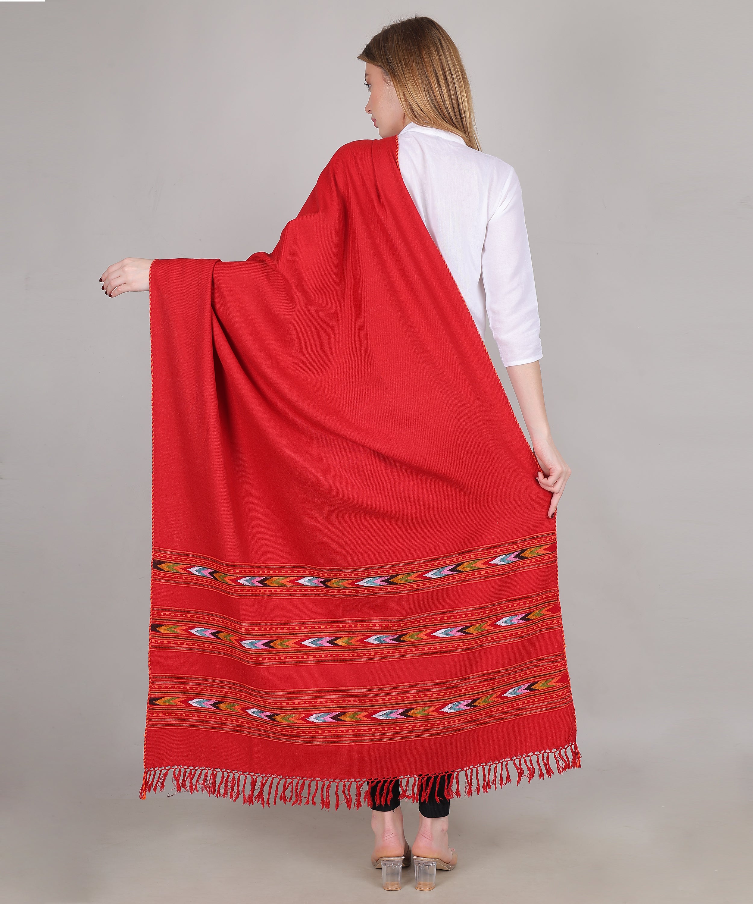 Pure Woollen Hand Woven Design with Beautiful Triple Border Kullu Angora Red Shawl