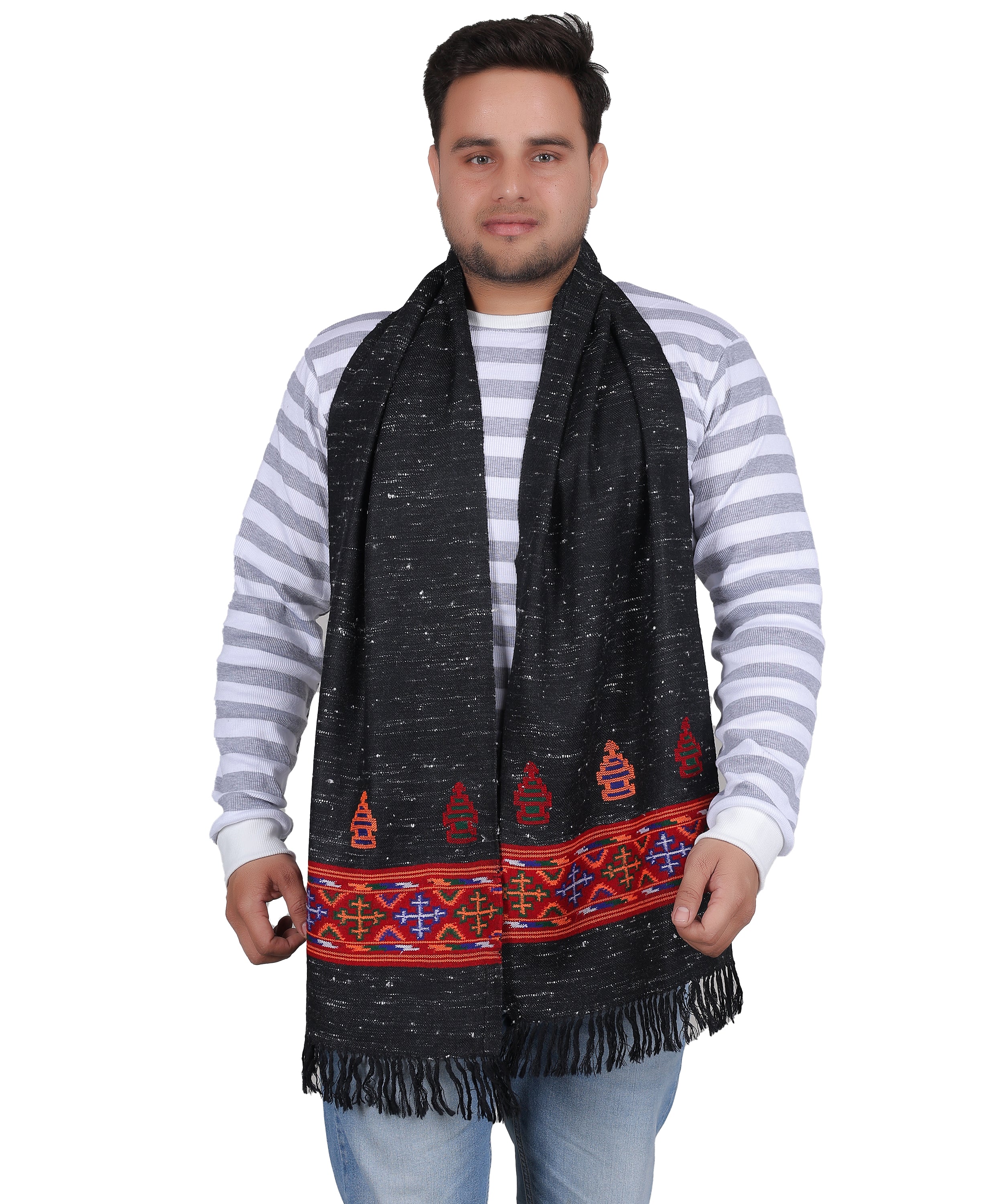 Kinnauri Pure Woollen Black Muffler – Handcrafted Kullu Weaving Patterns