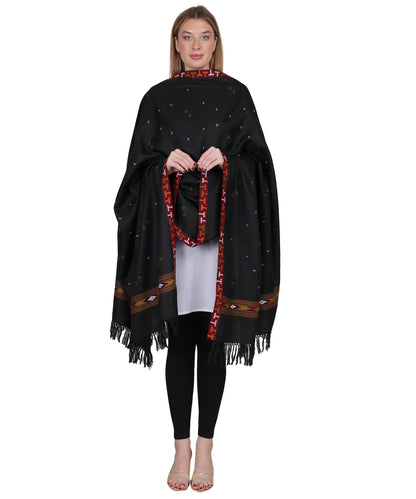 Traditional Handloom Kingri Jala Kullu Black Shawl – Pure Woollen with Classic Border