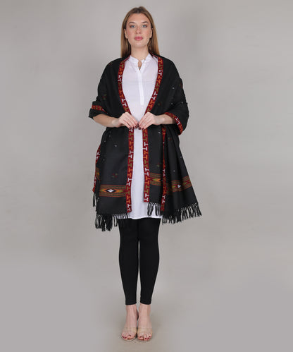 Traditional Handloom Kingri Jala Kullu Black Shawl – Pure Woollen with Classic Border