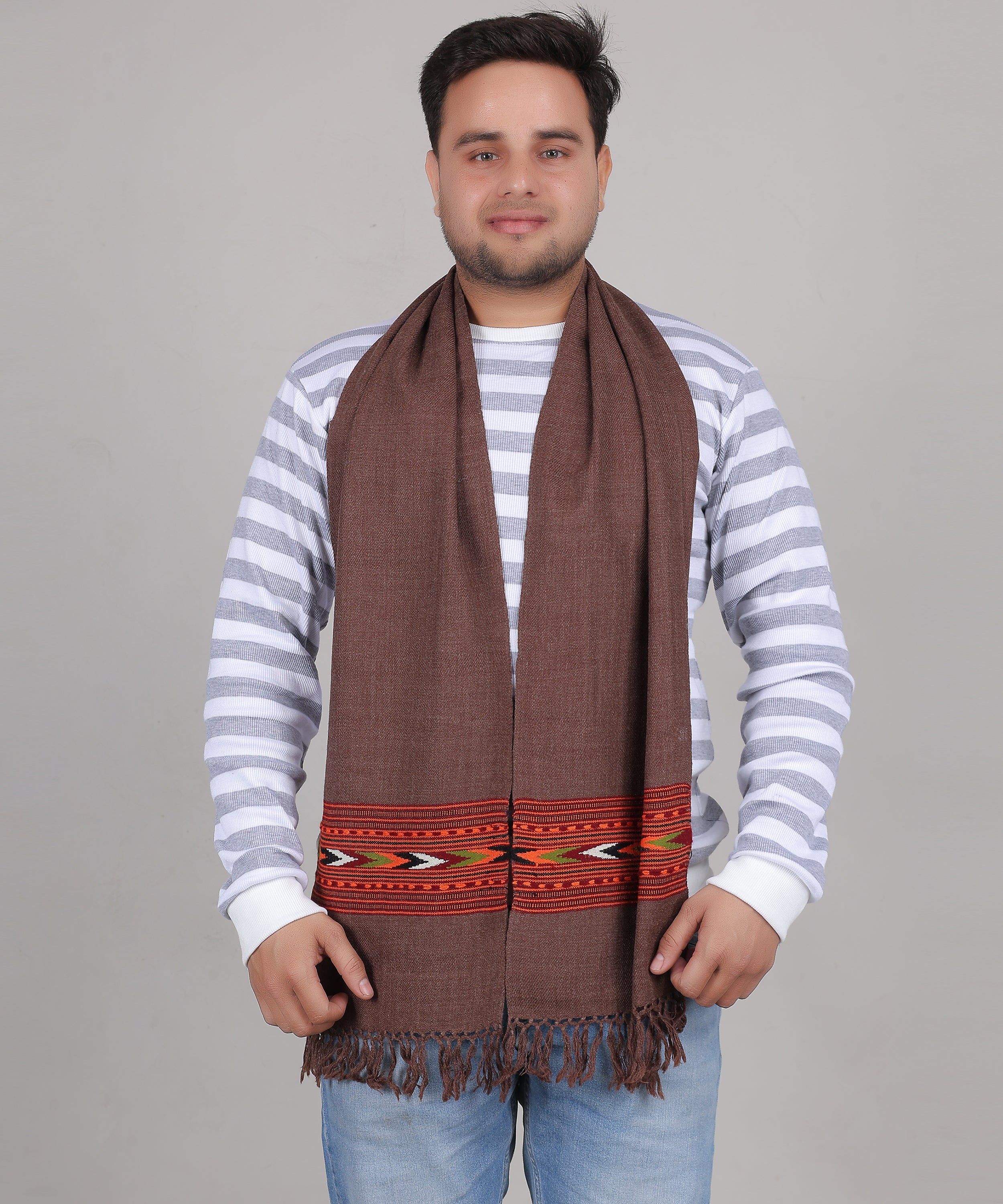 Authentic Handwoven Kullu Woollen Brown Muffler – Premium Embroidered Patti Design