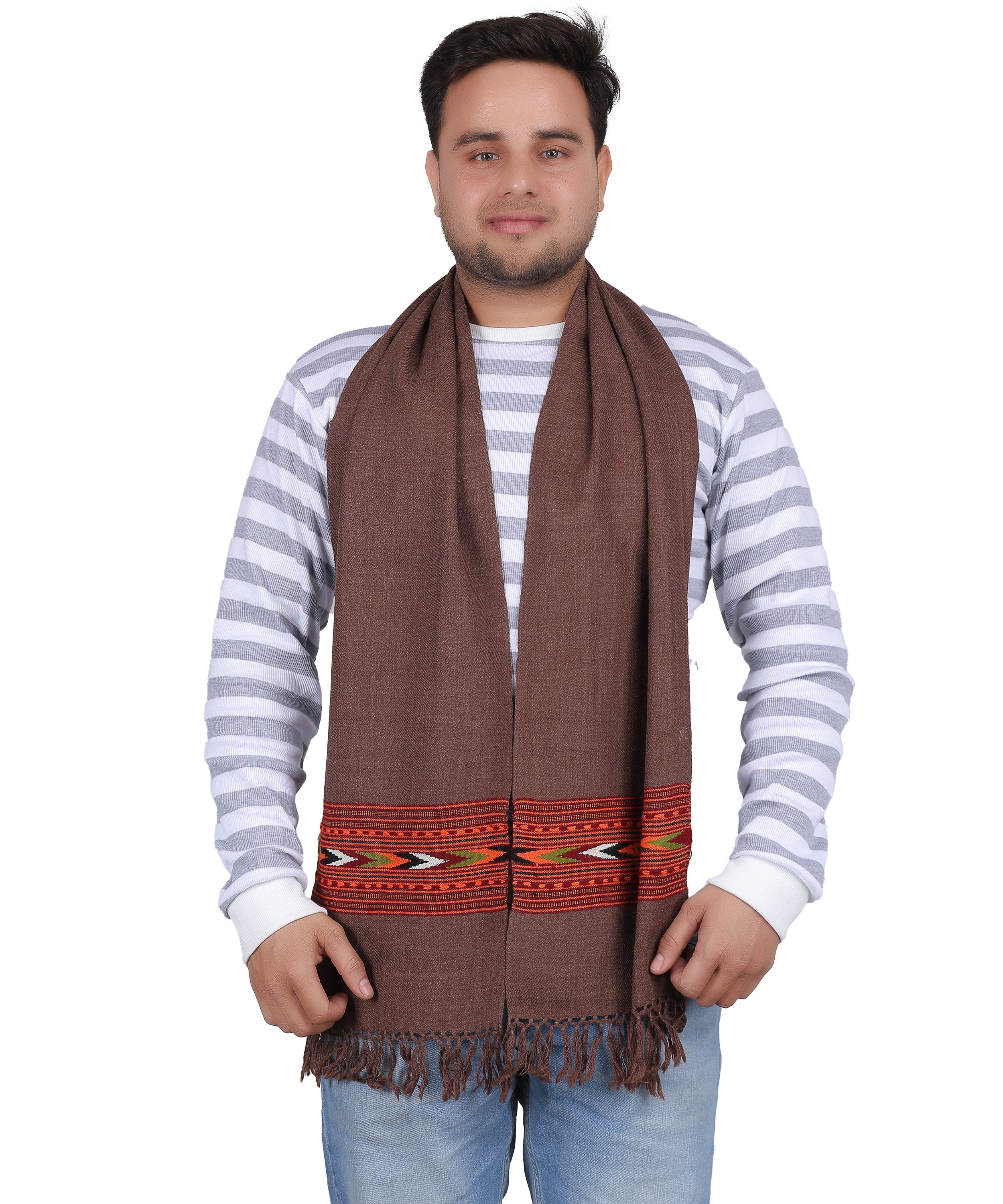 Authentic Handwoven Kullu Woollen Brown Muffler – Premium Embroidered Patti Design