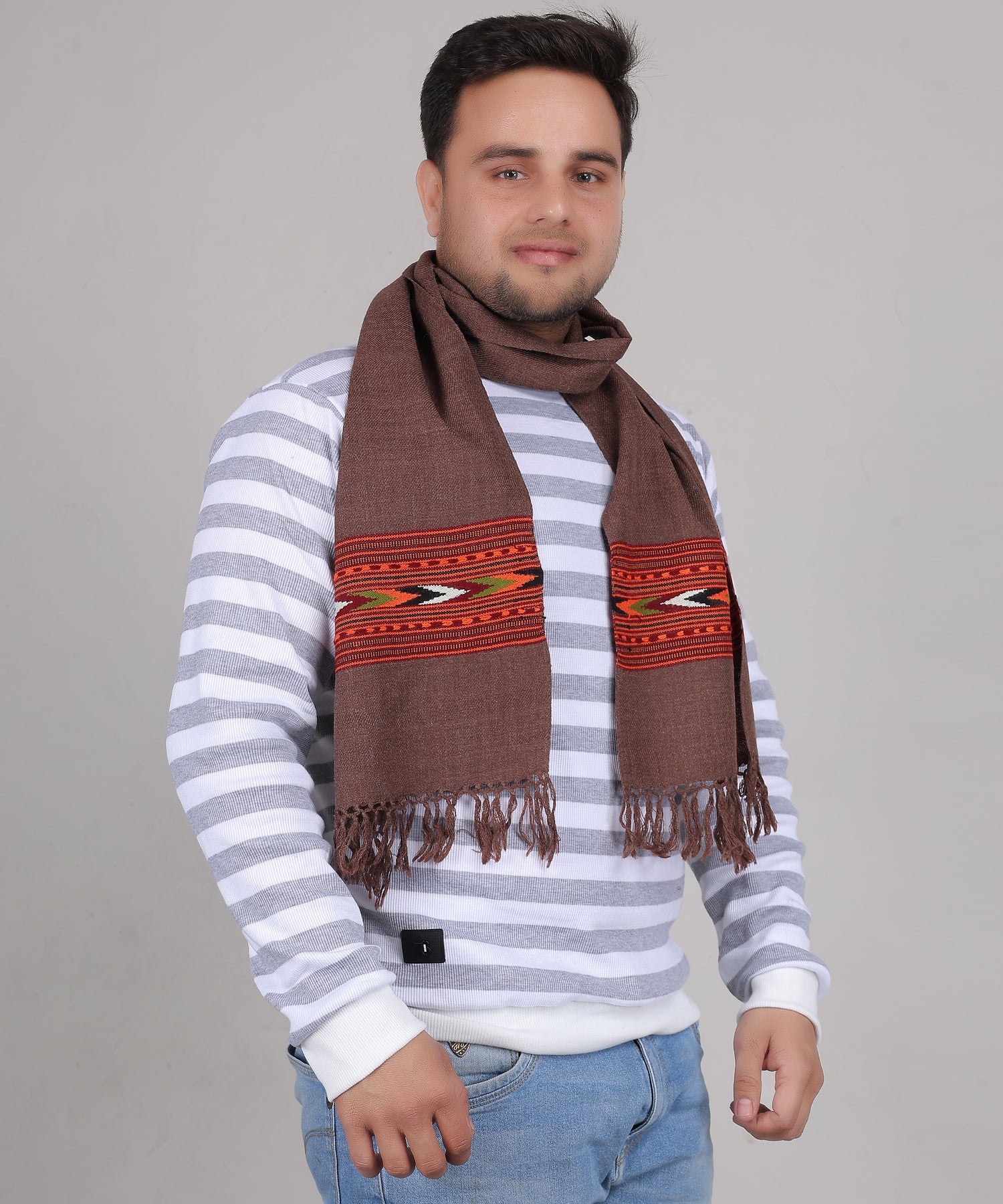 Authentic Handwoven Kullu Woollen Brown Muffler – Premium Embroidered Patti Design