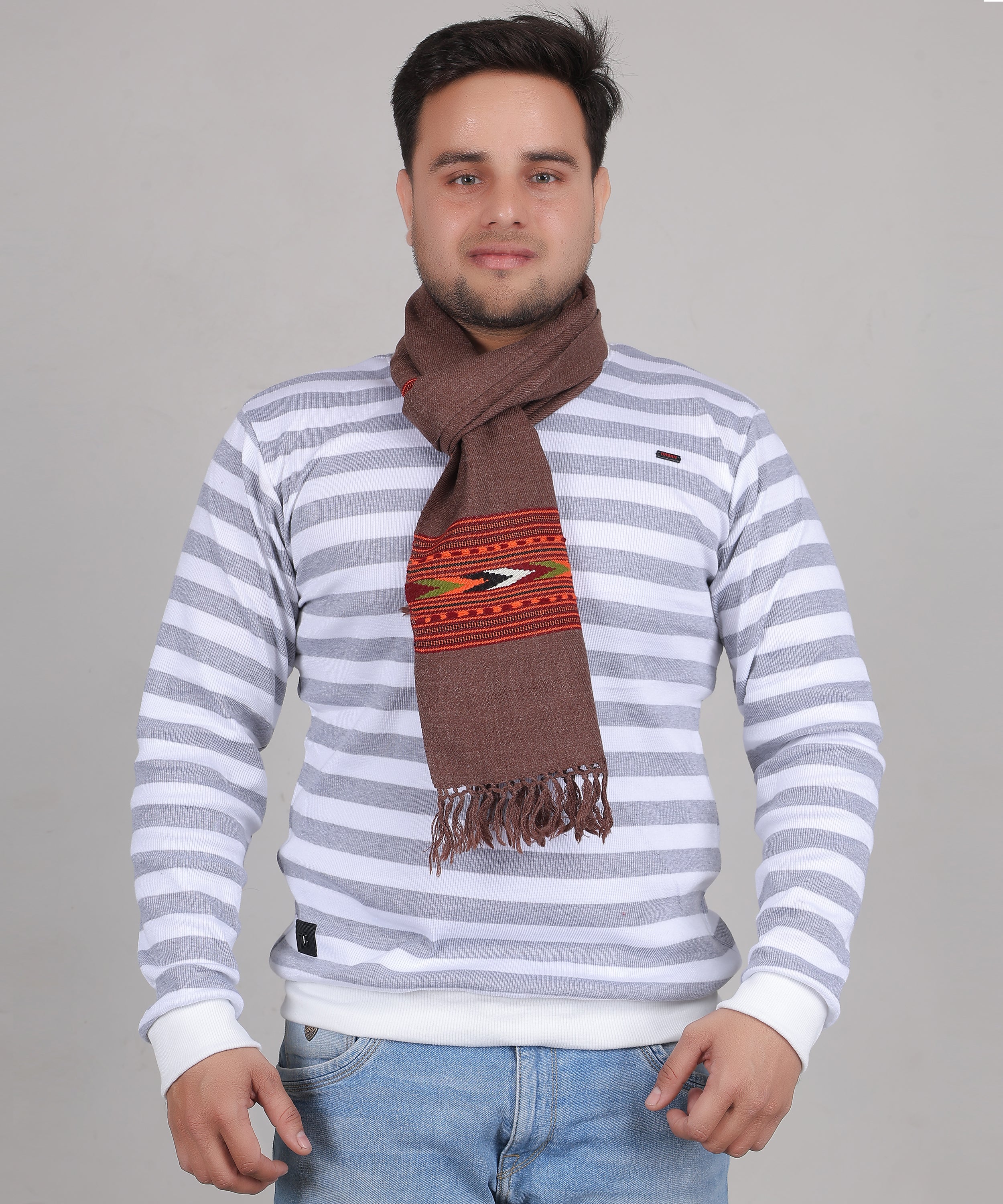 Authentic Handwoven Kullu Woollen Brown Muffler – Premium Embroidered Patti Design