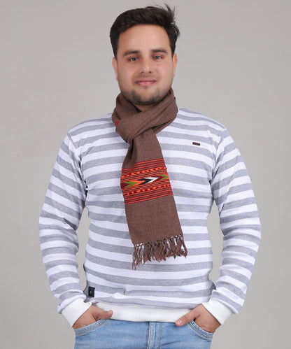 Authentic Handwoven Kullu Woollen Brown Muffler – Premium Embroidered Patti Design