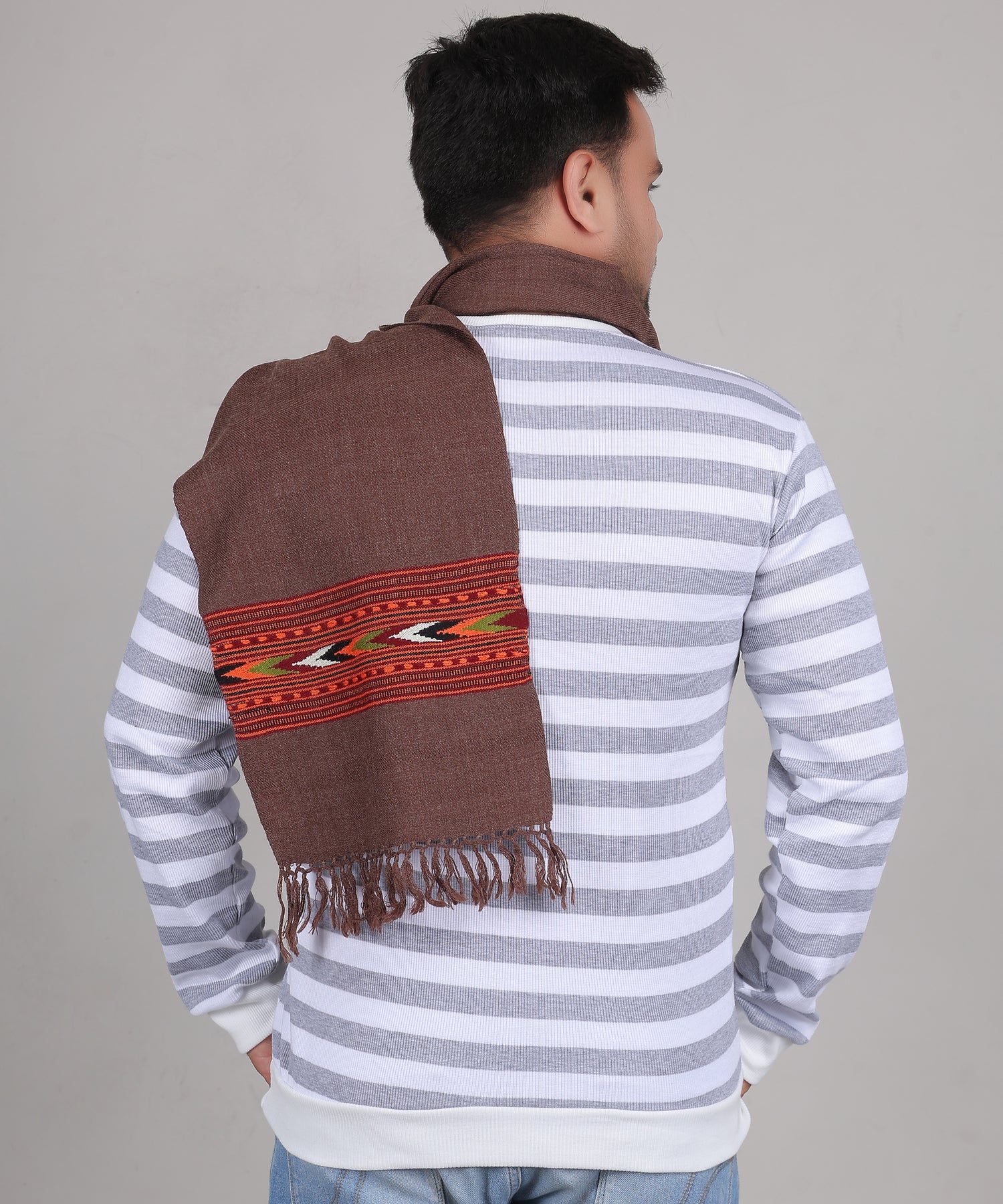 Authentic Handwoven Kullu Woollen Brown Muffler – Premium Embroidered Patti Design