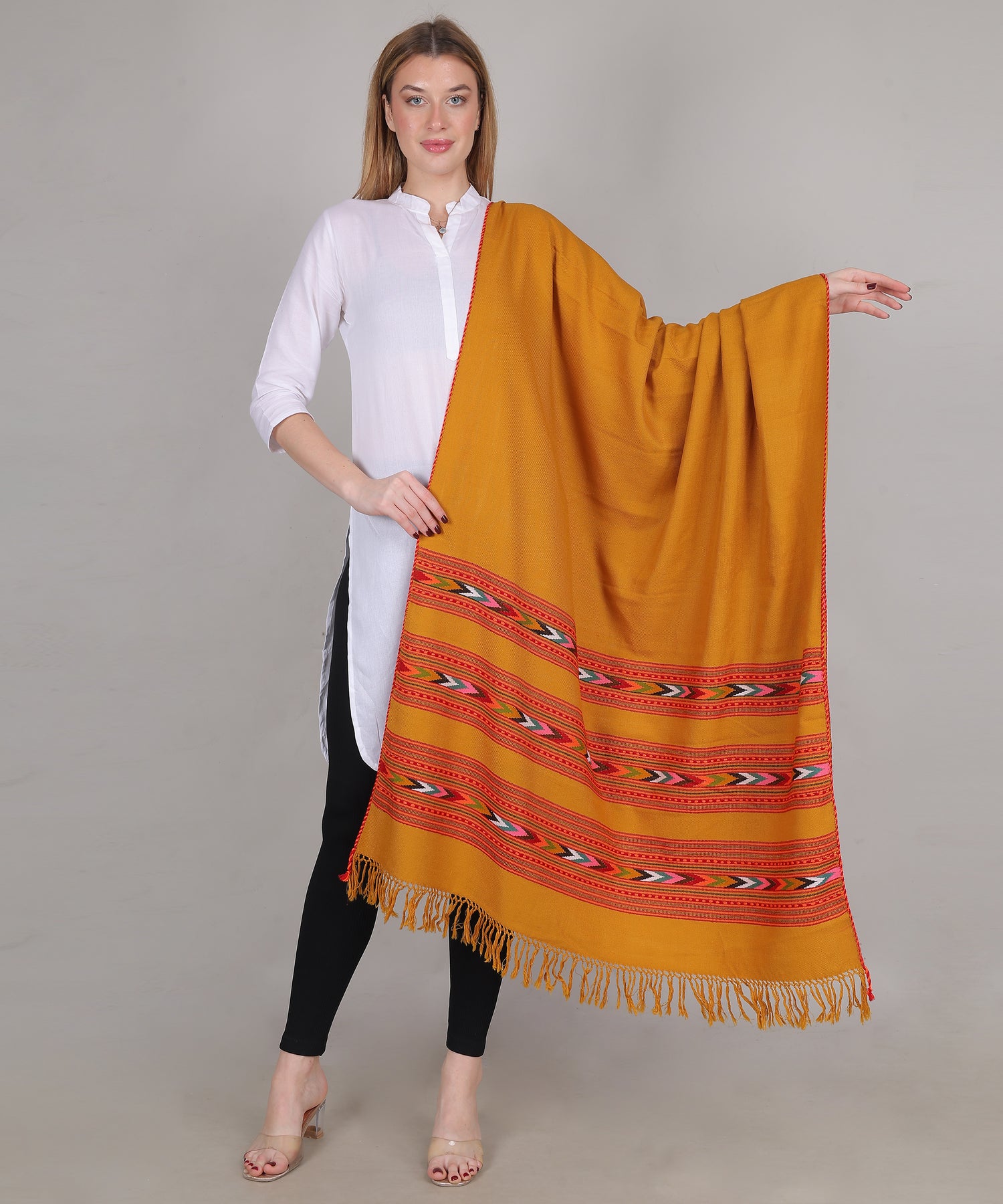 Pure Woollen Hand Woven Design with Beautiful Triple Border Kullu Angora Yellow Shawl