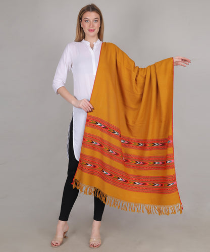 Pure Woollen Hand Woven Design with Beautiful Triple Border Kullu Angora Yellow Shawl