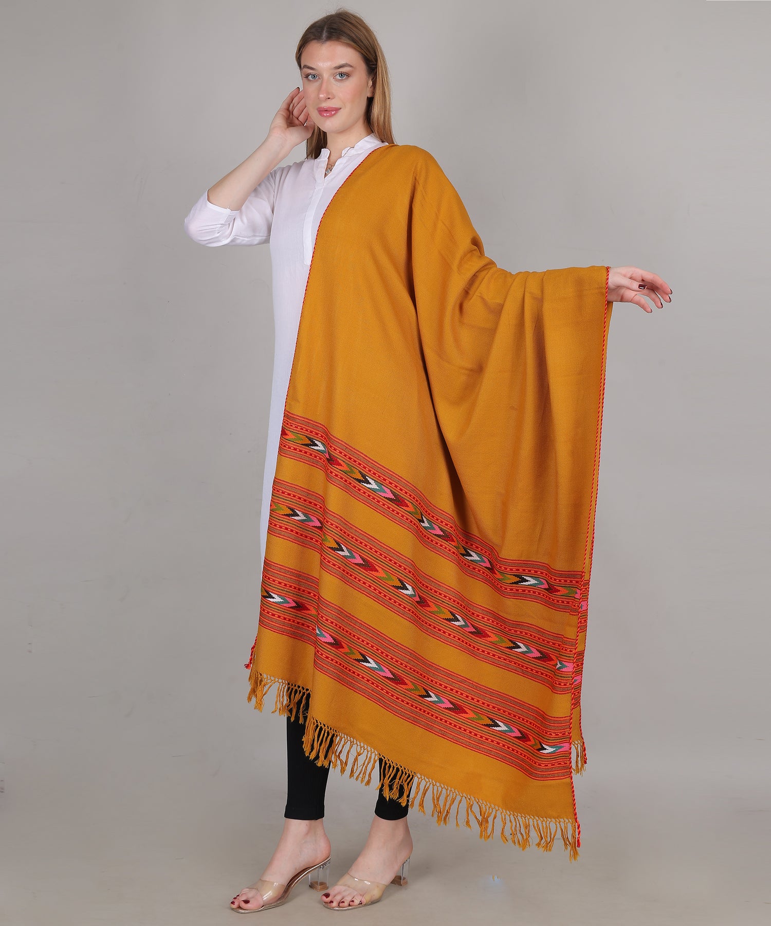 Pure Woollen Hand Woven Design with Beautiful Triple Border Kullu Angora Yellow Shawl