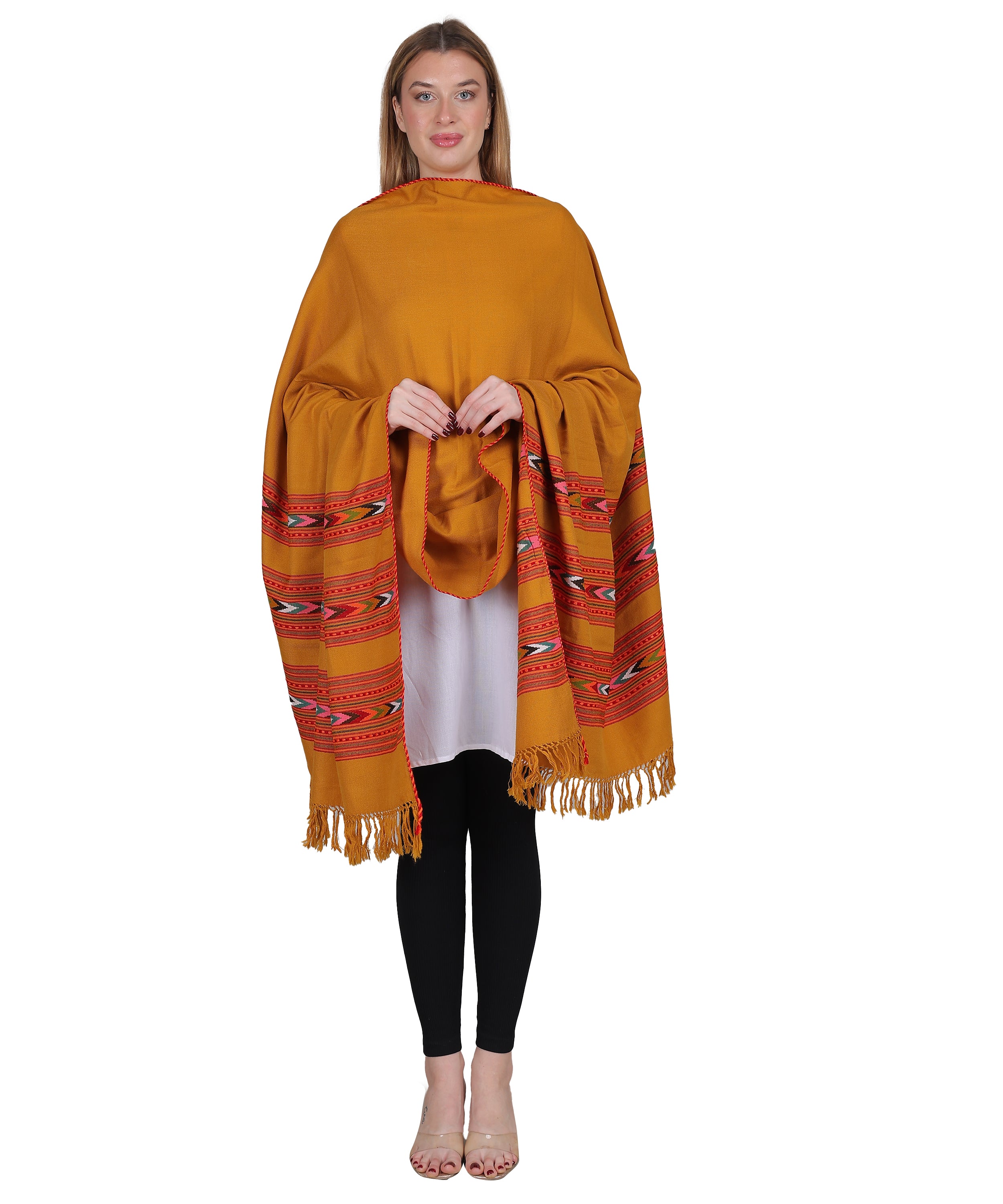 Pure Woollen Hand Woven Design with Beautiful Triple Border Kullu Angora Yellow Shawl