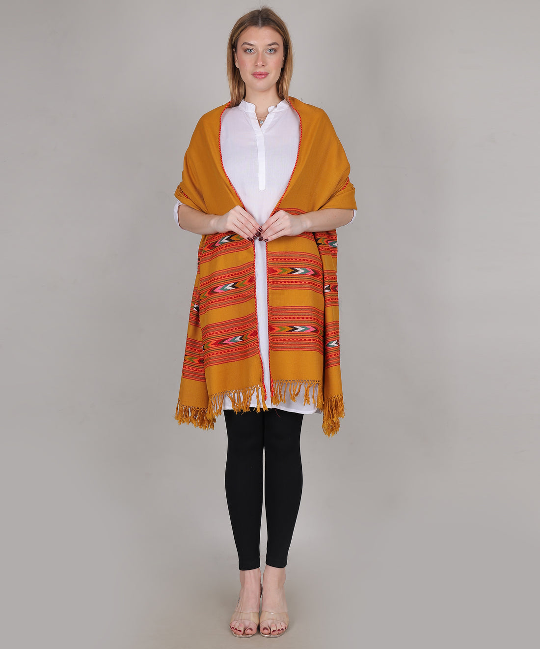 Pure Woollen Hand Woven Design with Beautiful Triple Border Kullu Angora Yellow Shawl