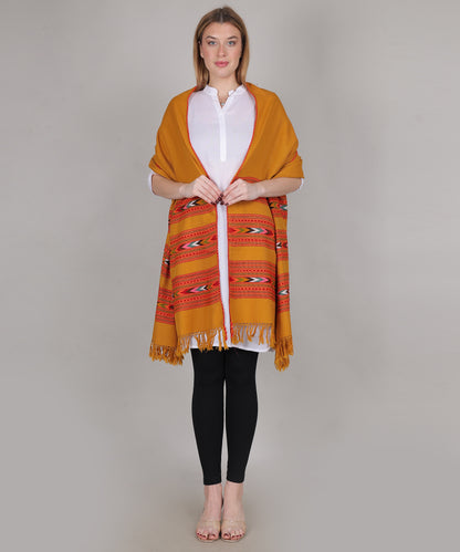 Pure Woollen Hand Woven Design with Beautiful Triple Border Kullu Angora Yellow Shawl