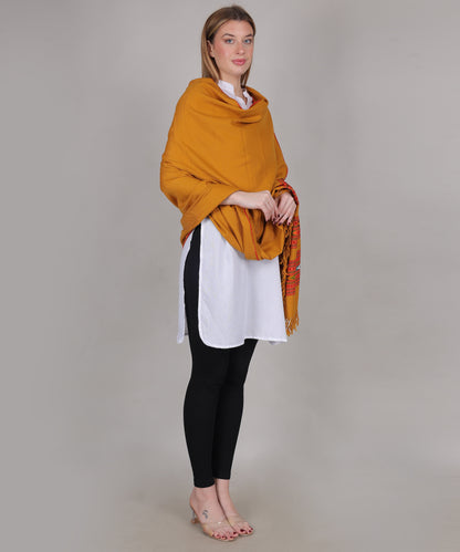 Pure Woollen Hand Woven Design with Beautiful Triple Border Kullu Angora Yellow Shawl