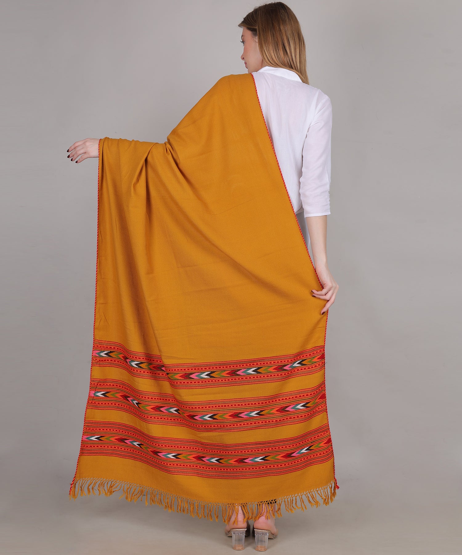 Pure Woollen Hand Woven Design with Beautiful Triple Border Kullu Angora Yellow Shawl