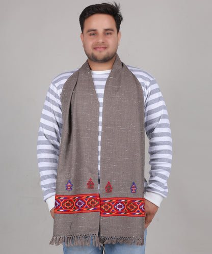 Kullu Handwoven Woollen Grey Muffler – Luxurious Pure Wool with Premium Embroidered Patti