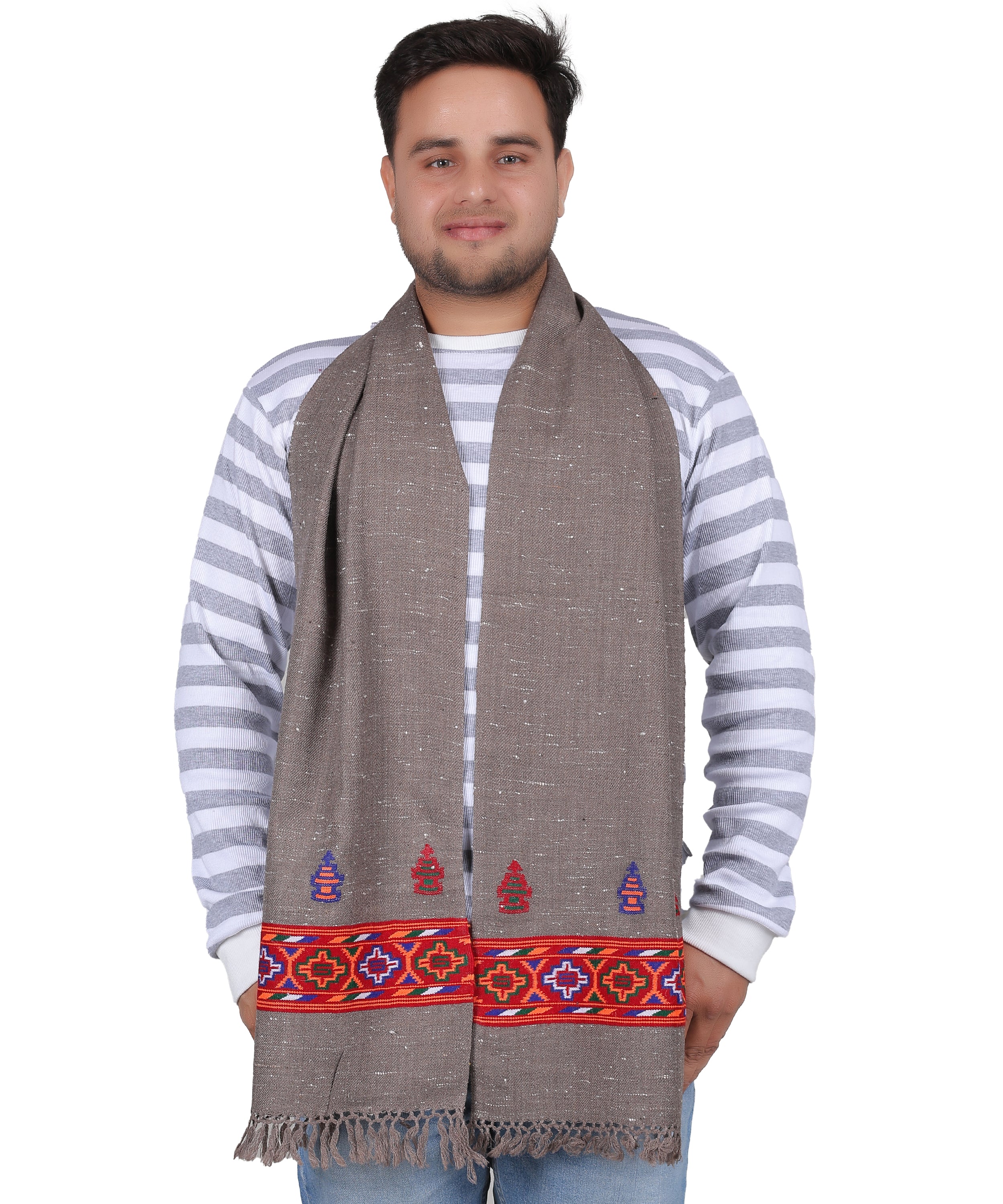 Kullu Handwoven Woollen Grey Muffler – Luxurious Pure Wool with Premium Embroidered Patti