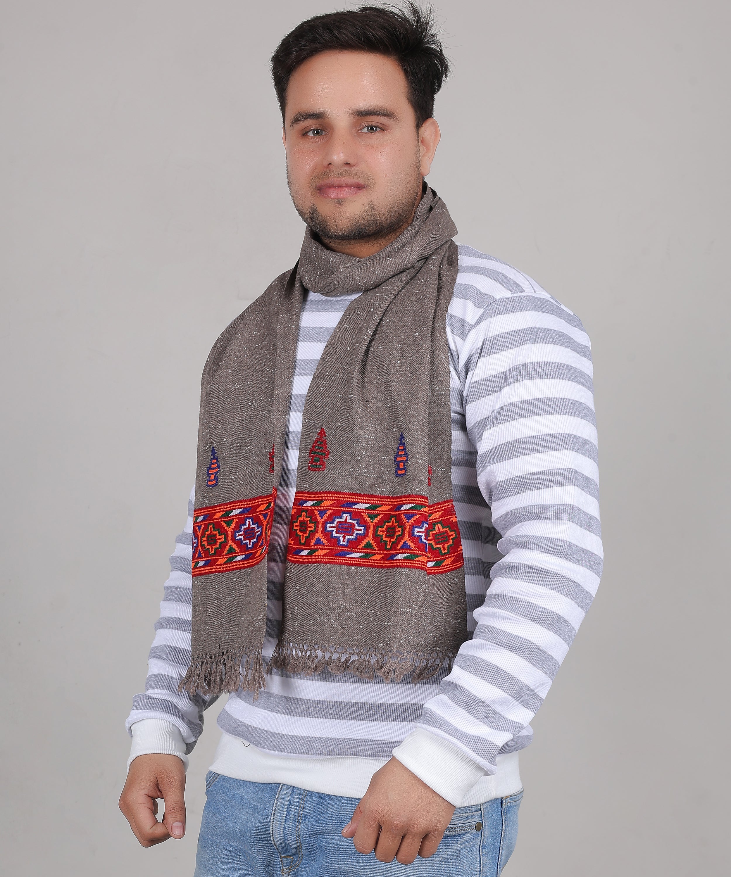 Kullu Handwoven Woollen Grey Muffler – Luxurious Pure Wool with Premium Embroidered Patti