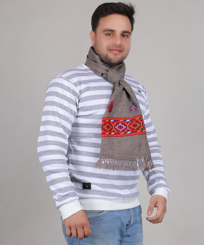 Kullu Handwoven Woollen Grey Muffler – Luxurious Pure Wool with Premium Embroidered Patti