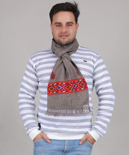 Kullu Handwoven Woollen Grey Muffler – Luxurious Pure Wool with Premium Embroidered Patti