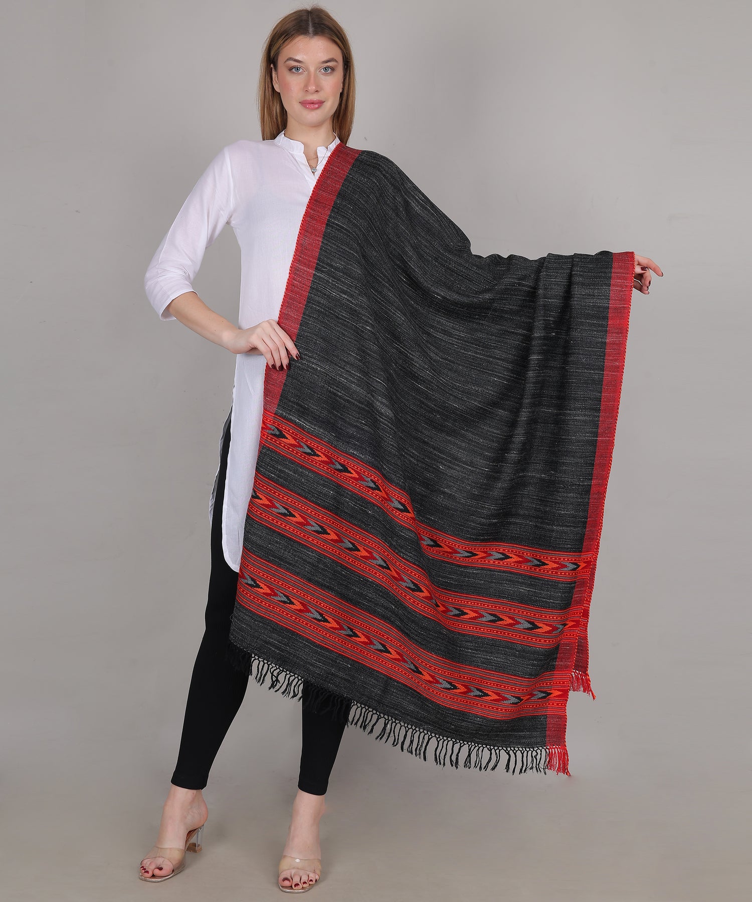 Luxury Kullu Handloom Black Shawl – Embroidered 3 Patti Pure Wool Wrap with Exquisite Kullu Weaving