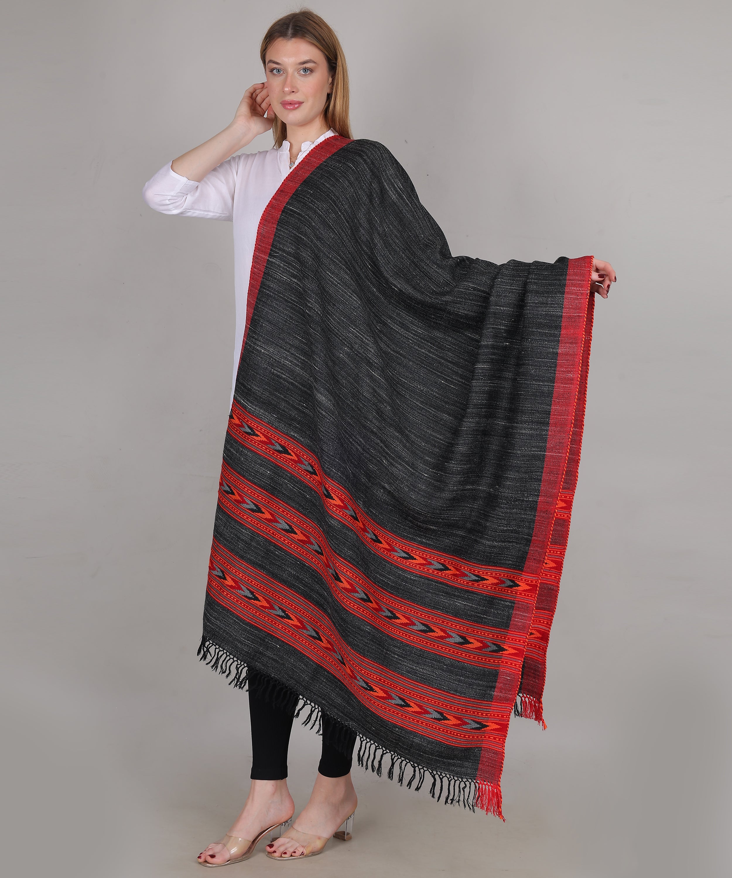 Luxury Kullu Handloom Black Shawl – Embroidered 3 Patti Pure Wool Wrap with Exquisite Kullu Weaving