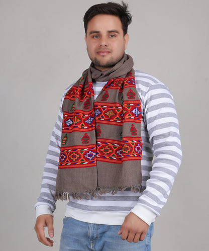 Kullu Premium Handwoven Pure Woollen Grey Muffler – Embroidered 3 Patti Design