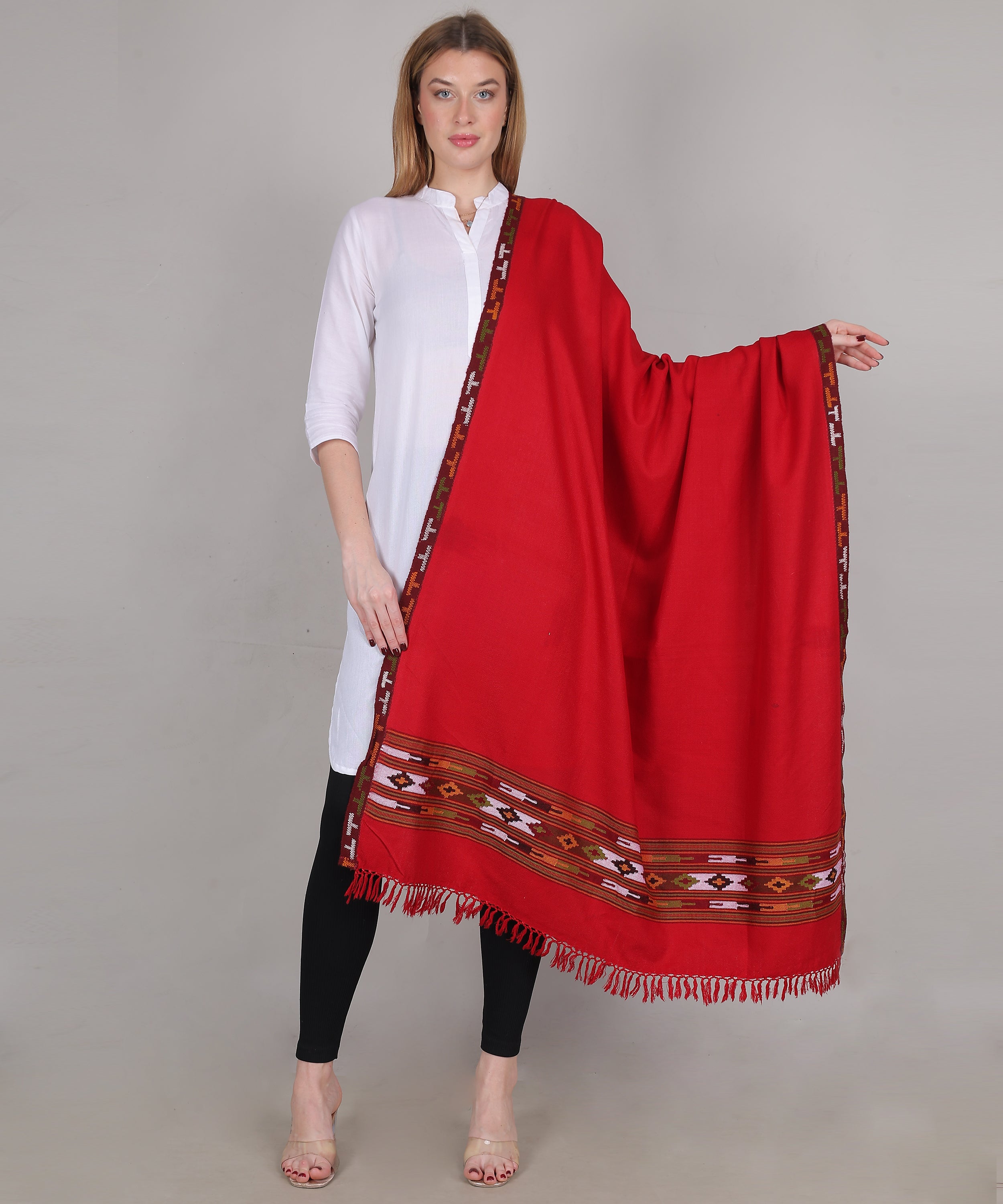 Women’s Traditional Kullu Design Red Shawl – Pure Woollen Handloom Paati Pattern