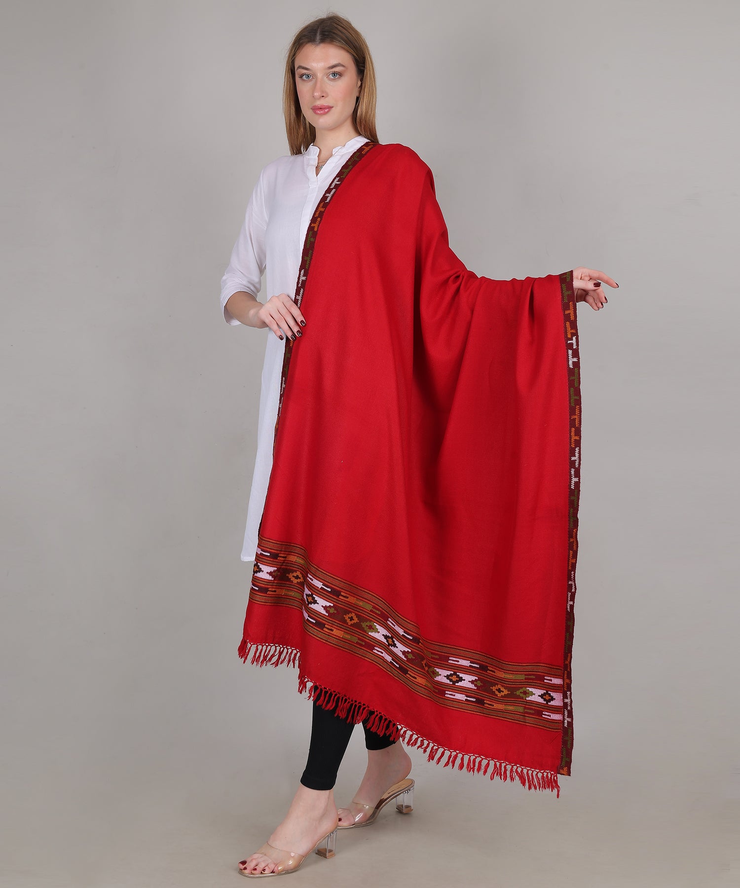 Women’s Traditional Kullu Design Red Shawl – Pure Woollen Handloom Paati Pattern