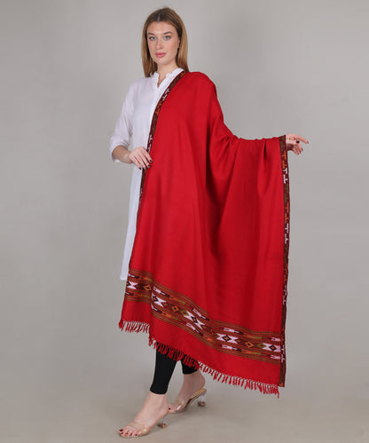 Women’s Traditional Kullu Design Red Shawl – Pure Woollen Handloom Paati Pattern