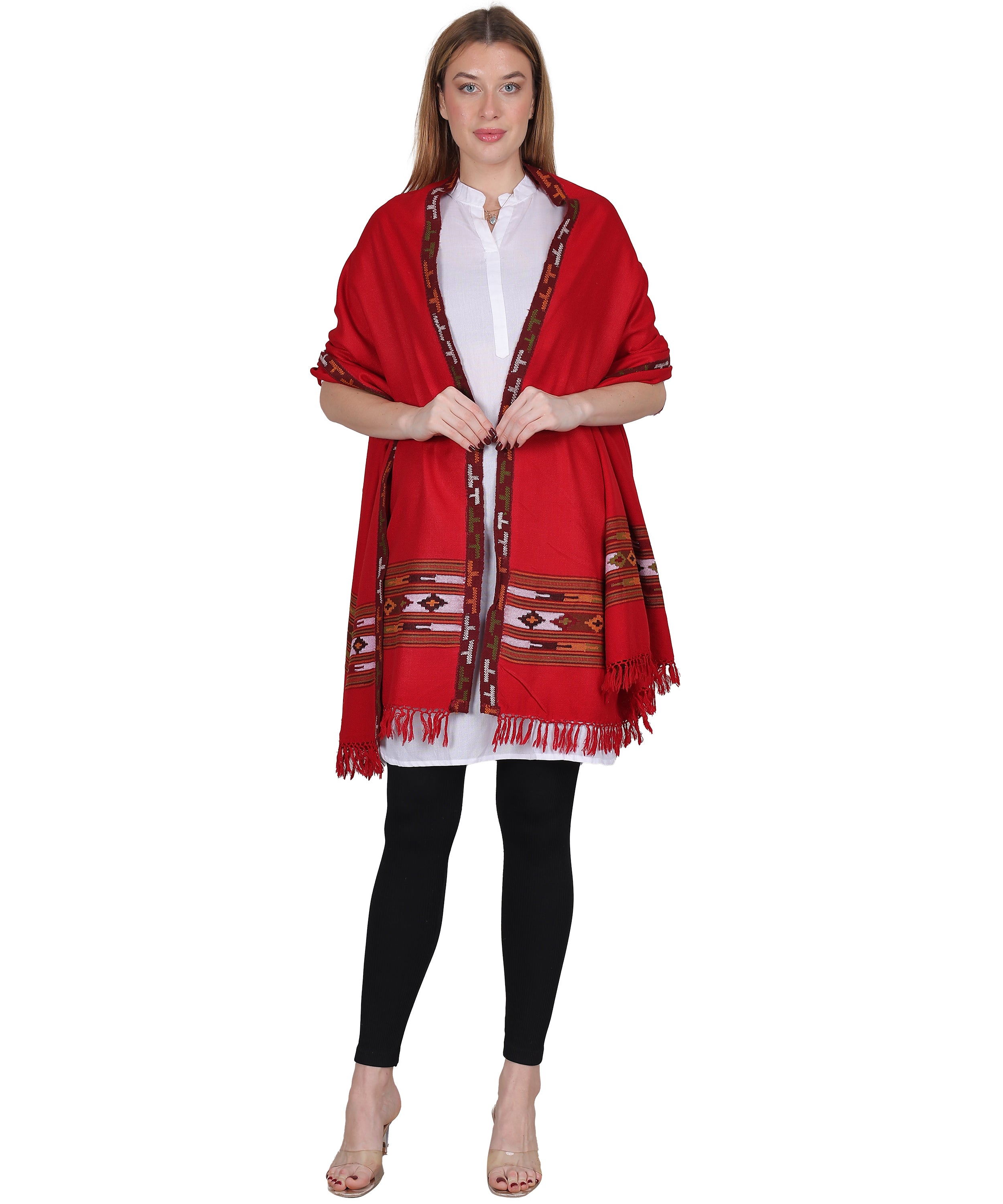 Women’s Traditional Kullu Design Red Shawl – Pure Woollen Handloom Paati Pattern