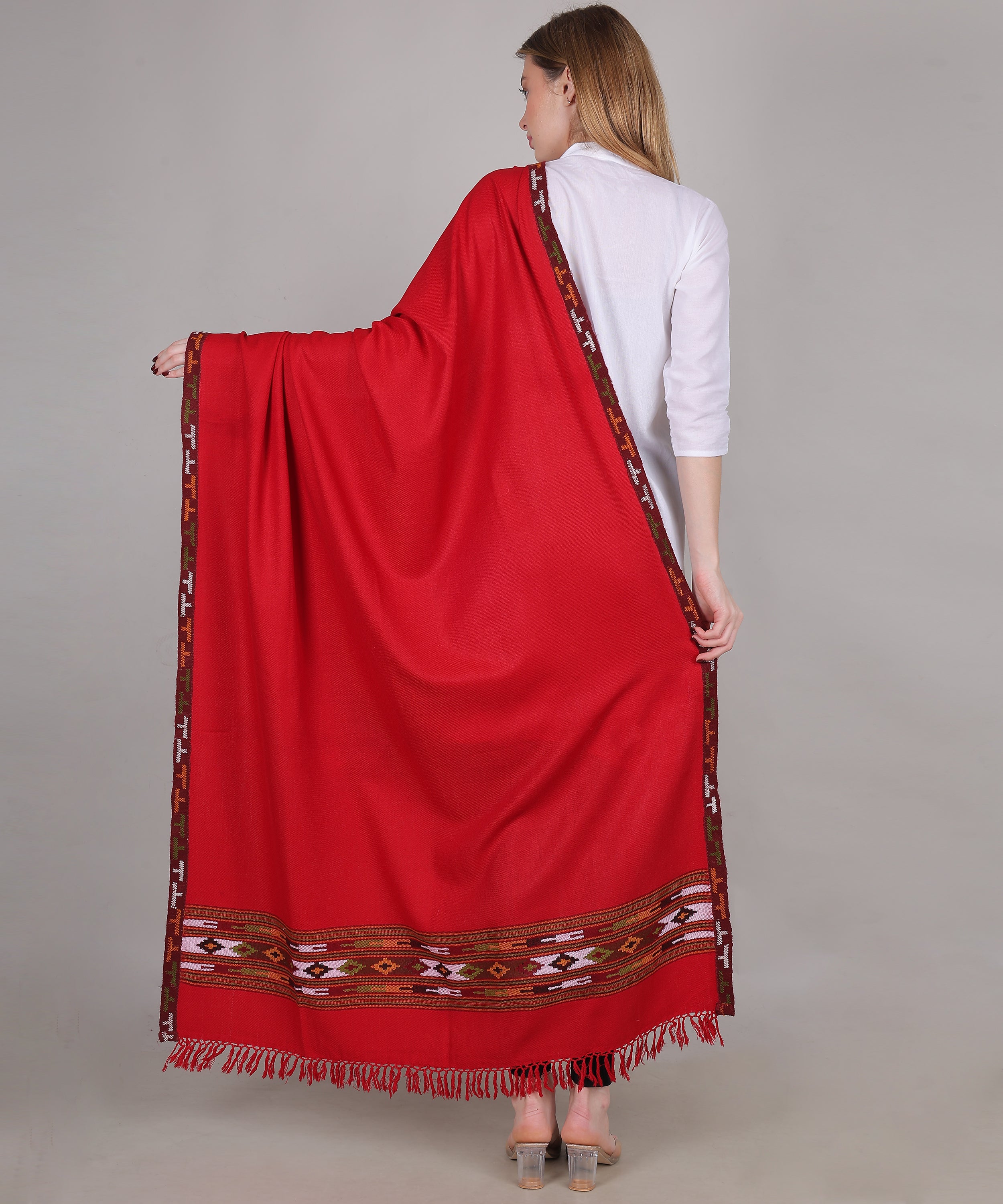 Women’s Traditional Kullu Design Red Shawl – Pure Woollen Handloom Paati Pattern