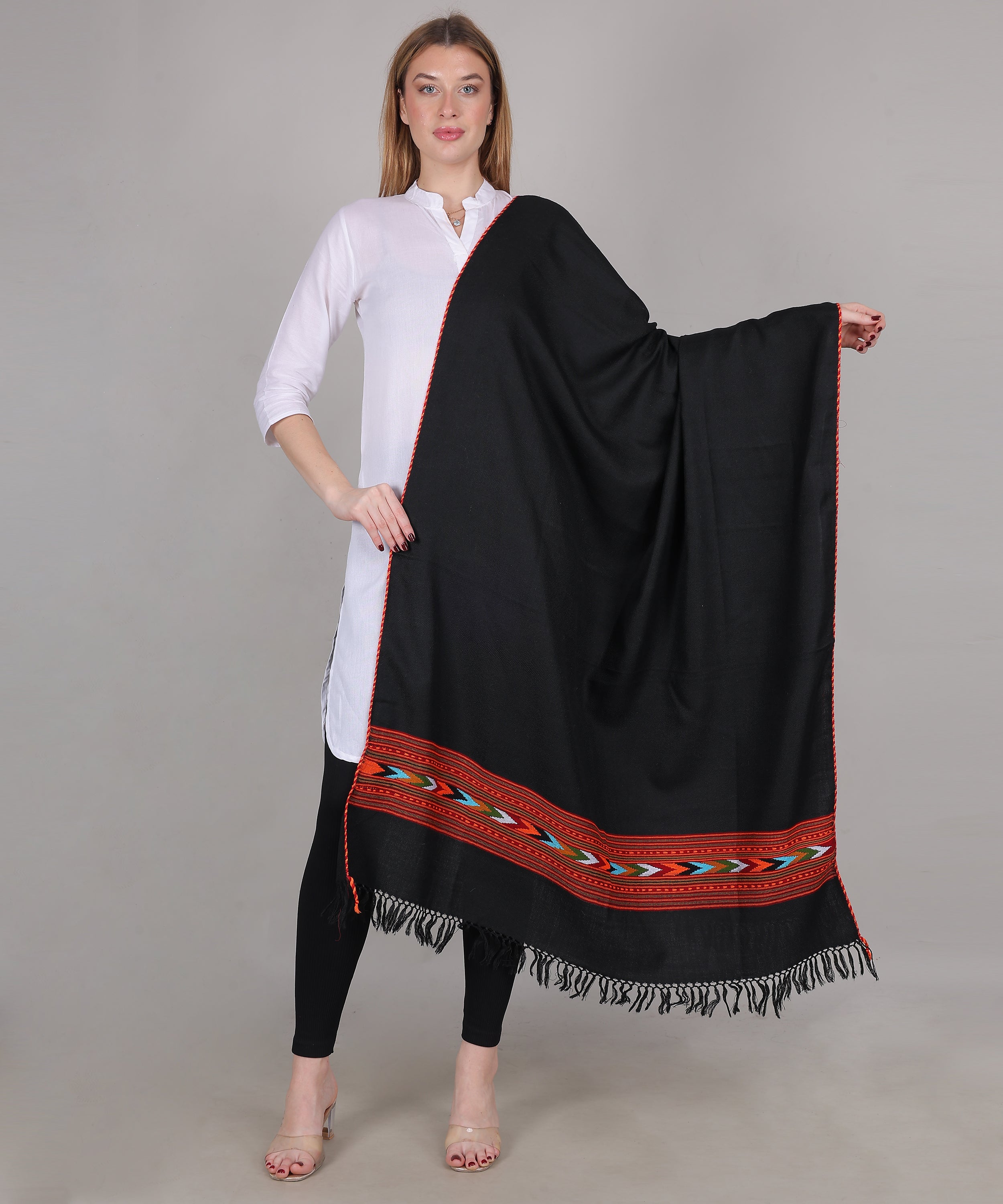 Hand Woven Pure Woollen Kullu Design One Patti Border Black Shawl