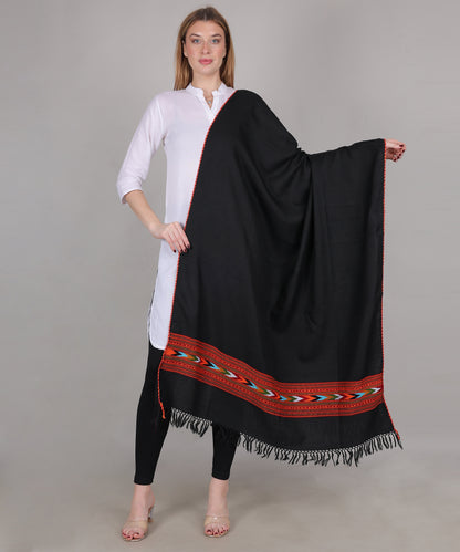 Hand Woven Pure Woollen Kullu Design One Patti Border Black Shawl