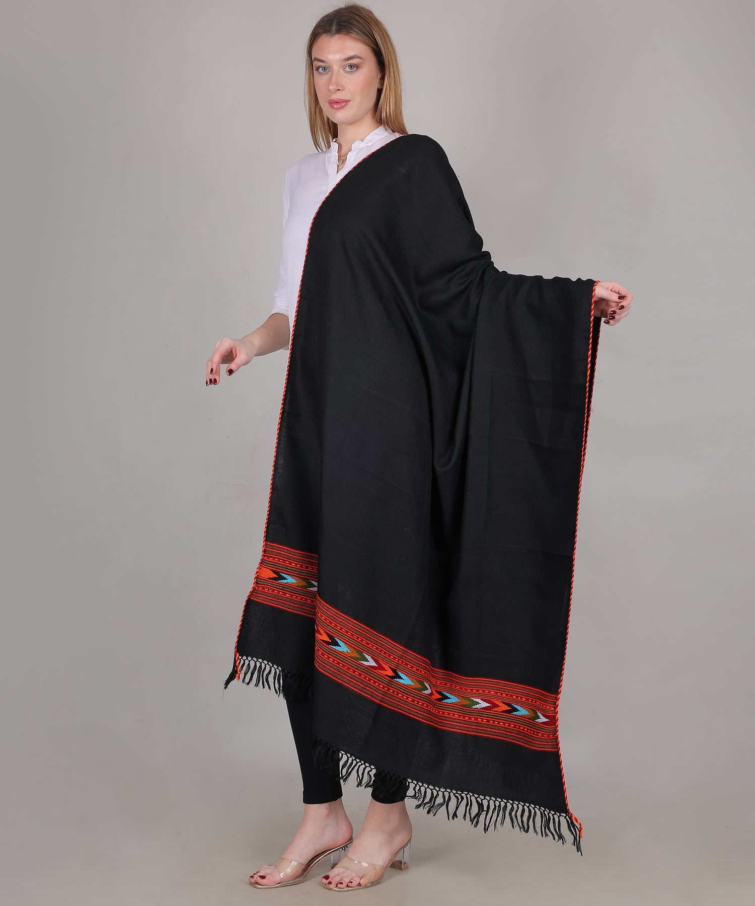 Hand Woven Pure Woollen Kullu Design One Patti Border Black Shawl