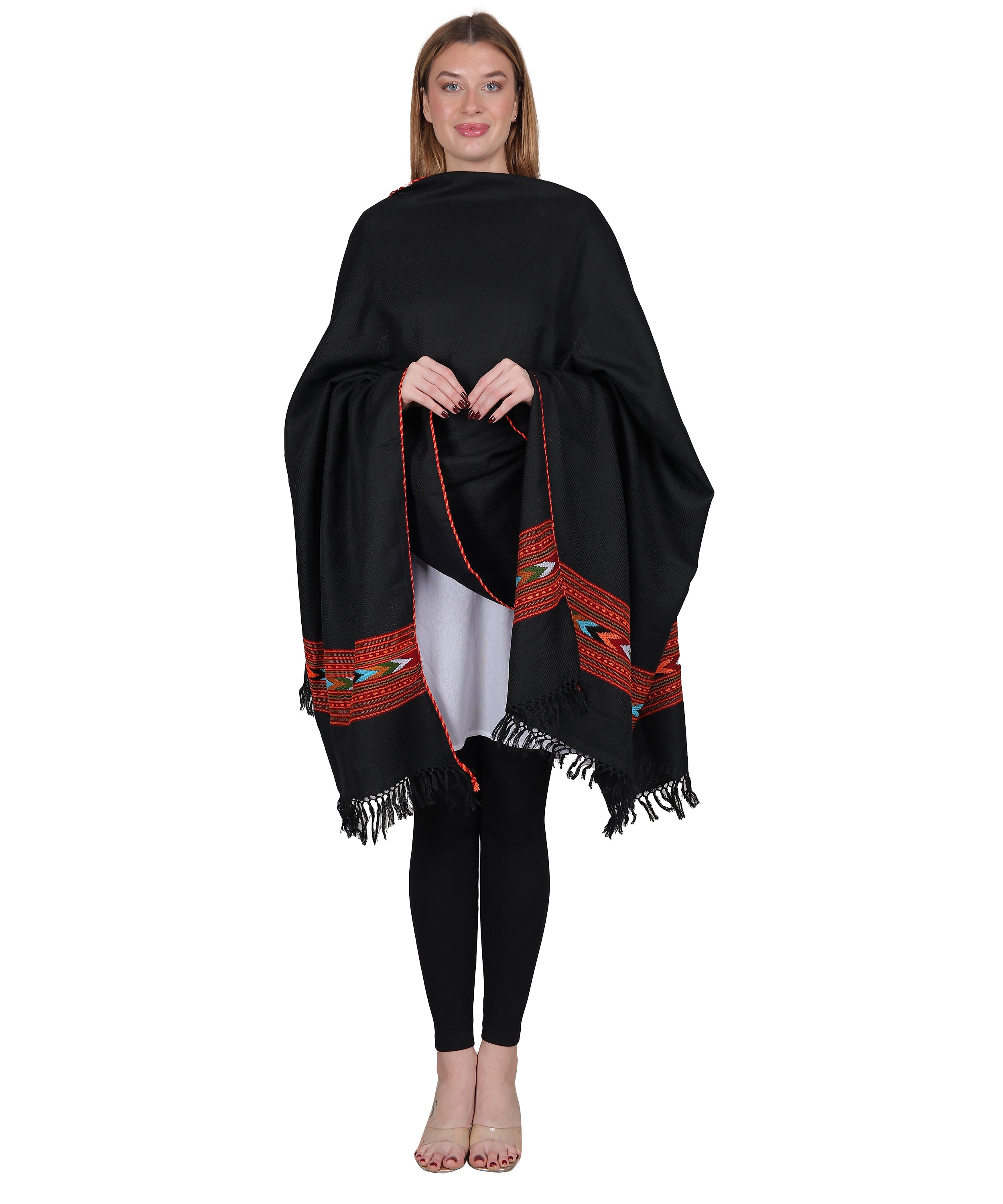 Hand Woven Pure Woollen Kullu Design One Patti Border Black Shawl