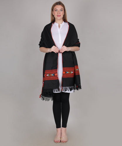 Hand Woven Pure Woollen Kullu Design One Patti Border Black Shawl