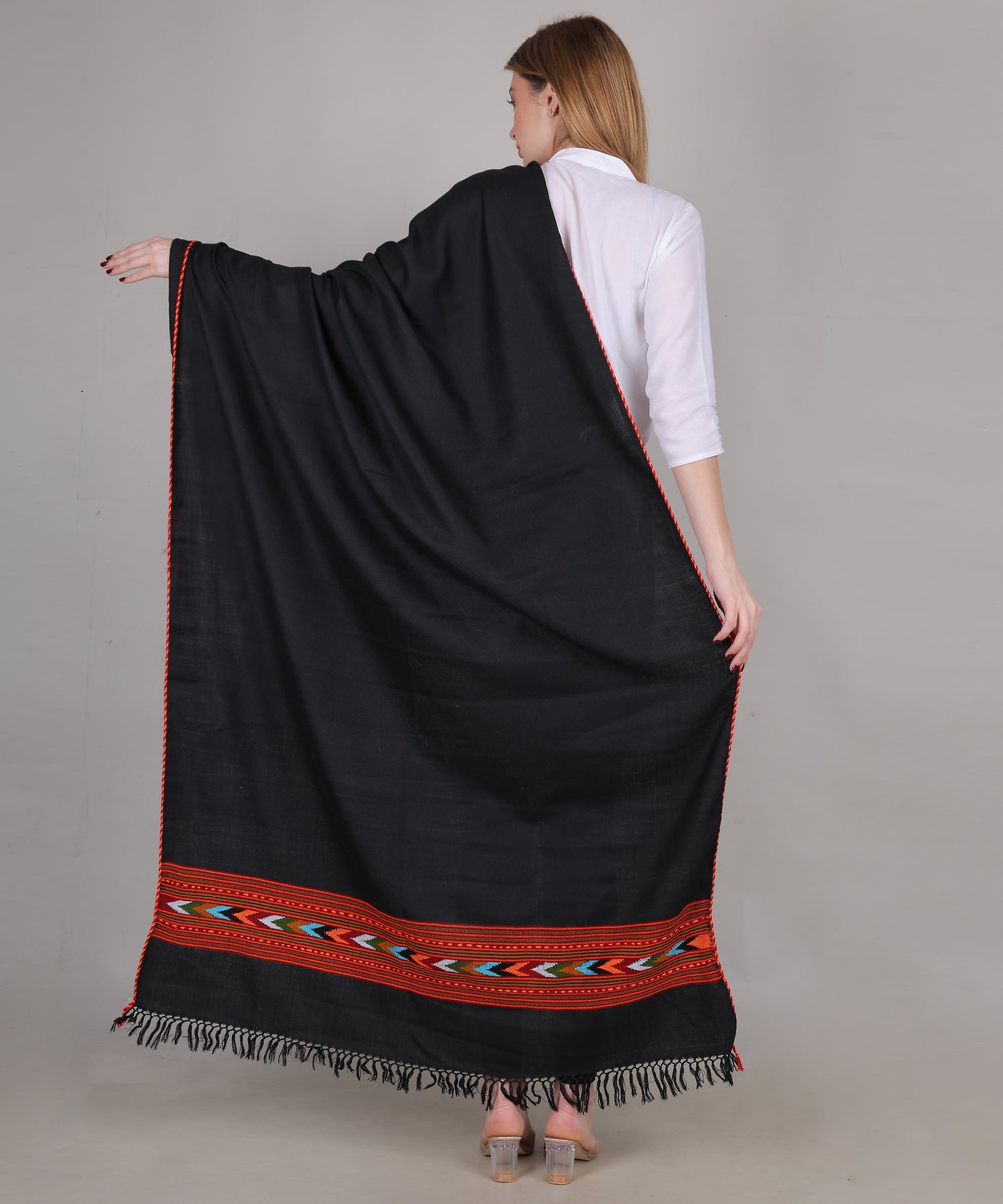 Hand Woven Pure Woollen Kullu Design One Patti Border Black Shawl