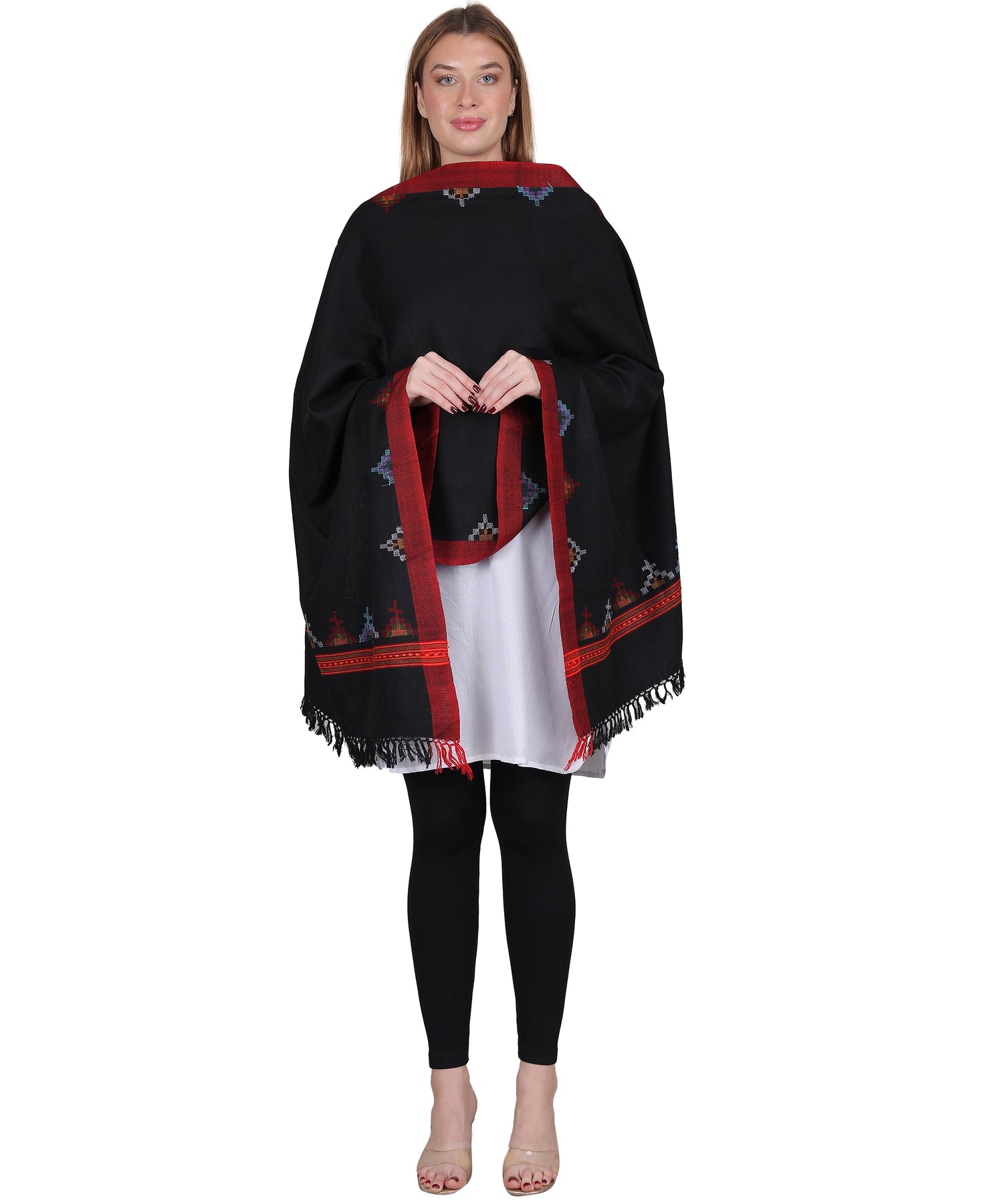 Elegant Kullu Handloom Black Stole – Handcrafted Patti Pure Wool Wrap with Classic Kullu Embroidery