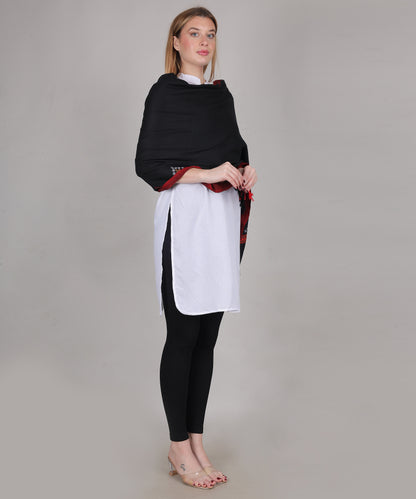 Elegant Kullu Handloom Black Stole – Handcrafted Patti Pure Wool Wrap with Classic Kullu Embroidery