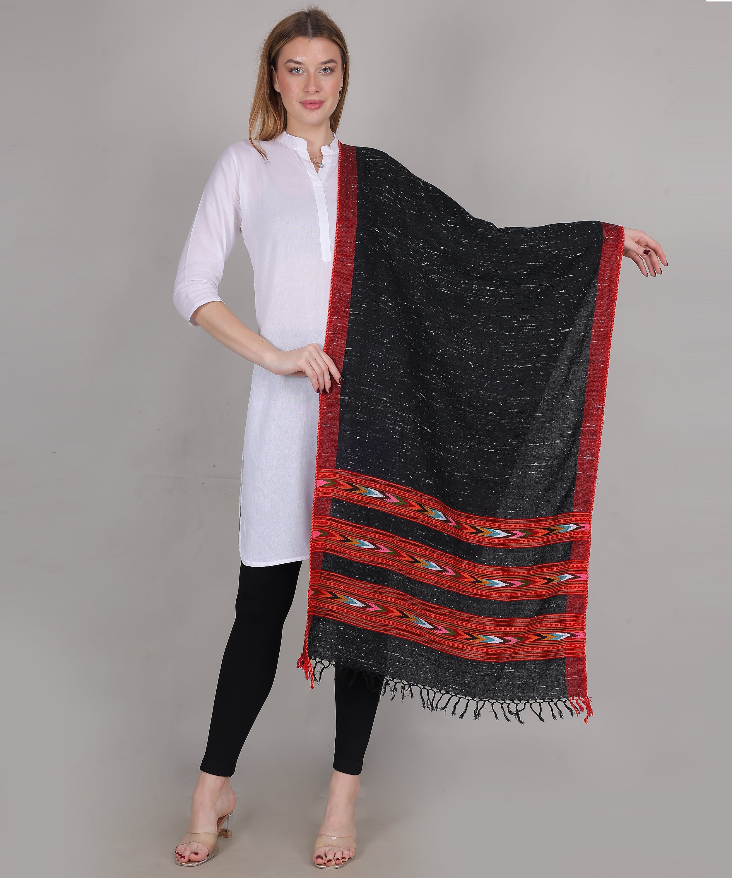 Authentic Kullu Handloom Black Stole – Embroidered 3 Patti Pure Wool Wrap with Traditional Kullu Weaving