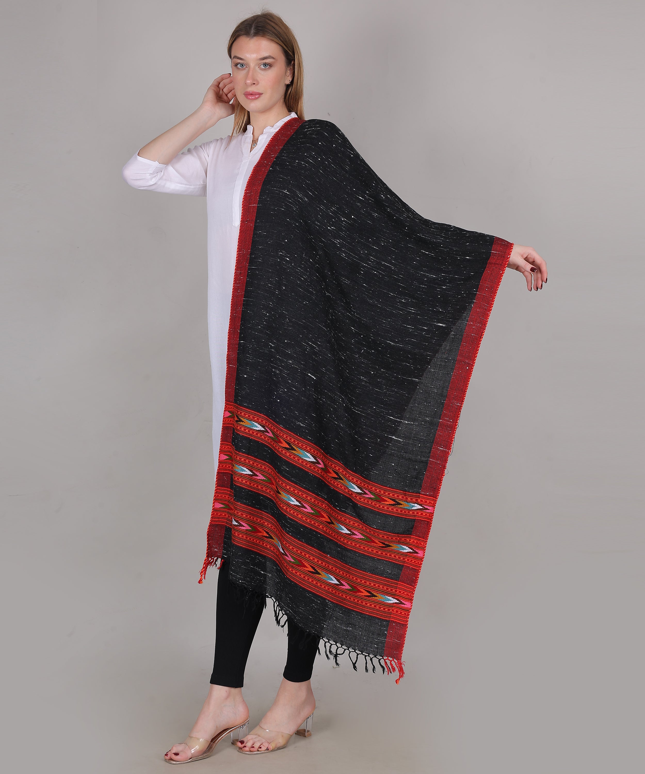 Authentic Kullu Handloom Black Stole – Embroidered 3 Patti Pure Wool Wrap with Traditional Kullu Weaving