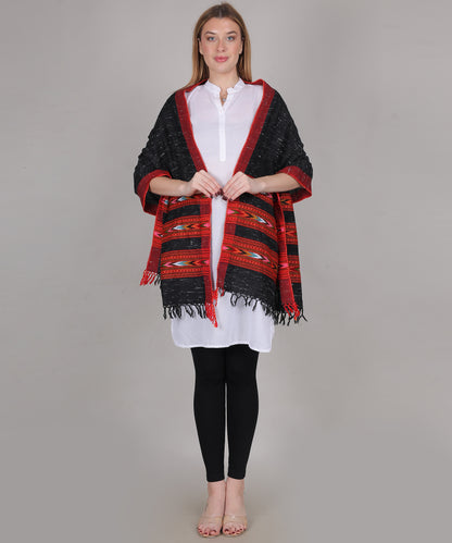 Authentic Kullu Handloom Black Stole – Embroidered 3 Patti Pure Wool Wrap with Traditional Kullu Weaving